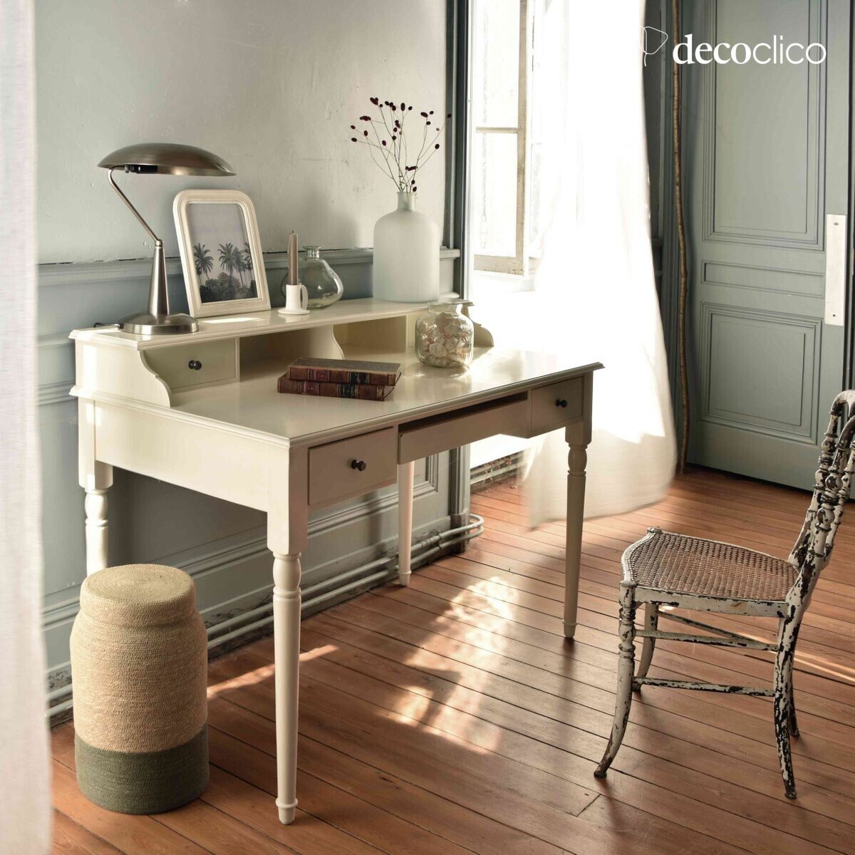 Secretary desk in mango wood painted cream white Mareuil