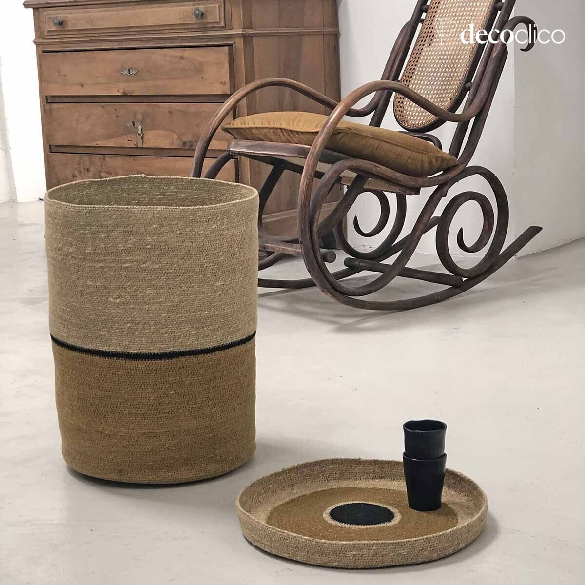 Seegras-Wäschekorb mit senf-schwarzen Streifen  Bayadère Casatera