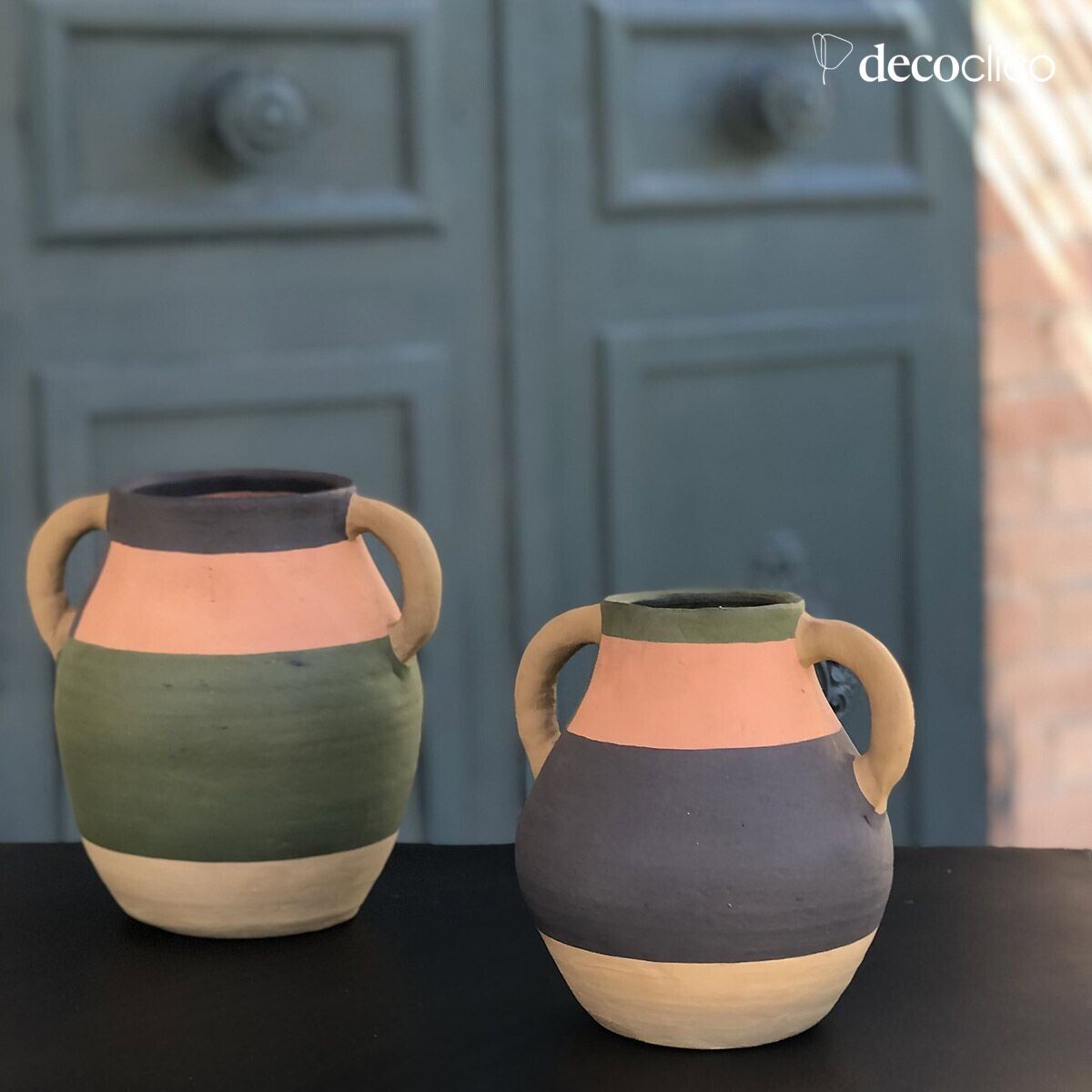 Set aus 2 Terrakotta-Vasen in den Farben Terracotta, Grün und Blau Lima