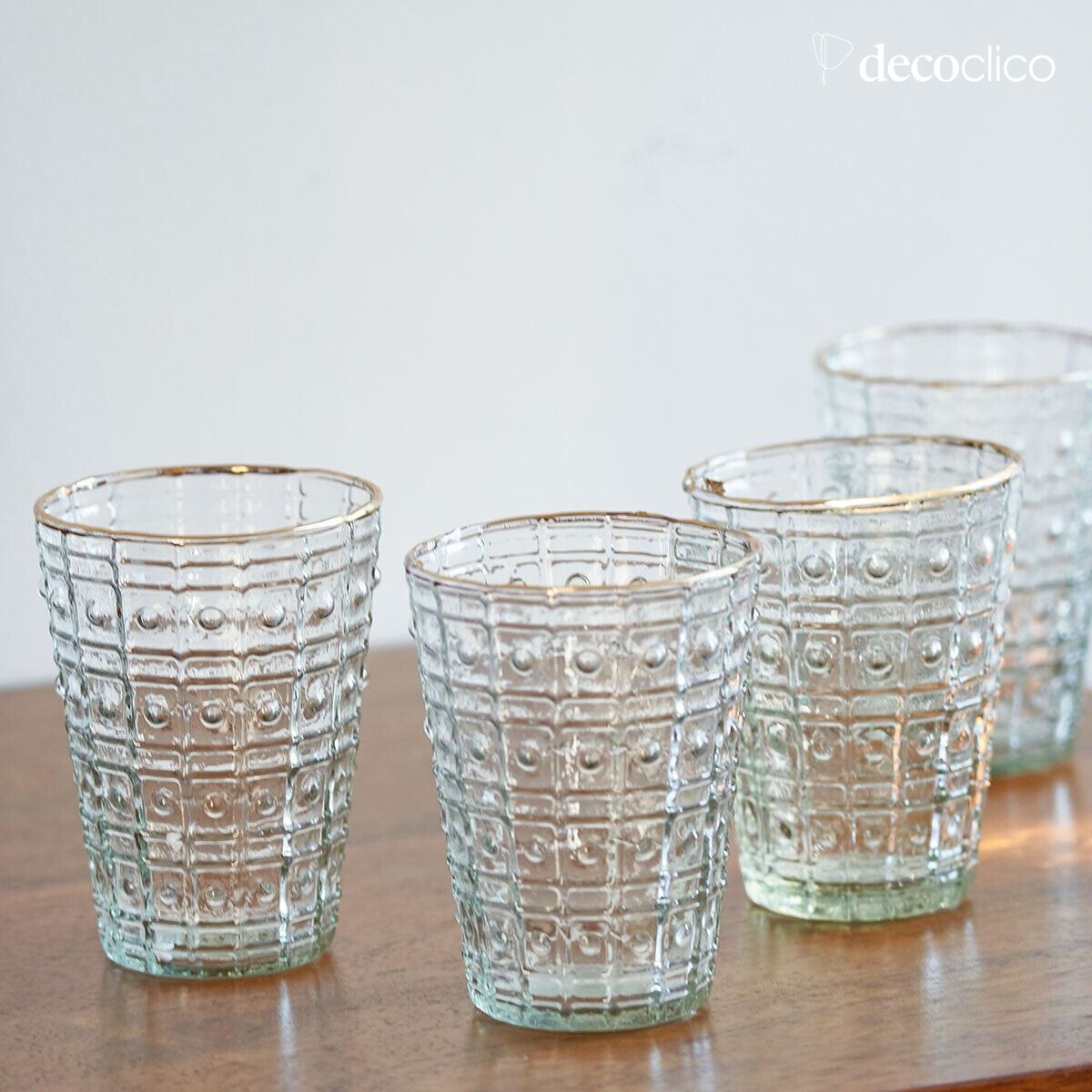 Set aus 3 Windlichtern aus graviertem Glas mit Goldrand