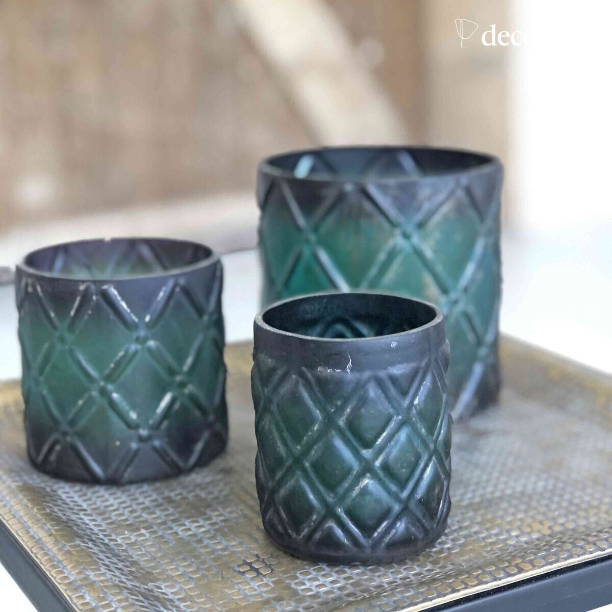 Set aus 3 Windlichtern aus grün graviertem Milchglas