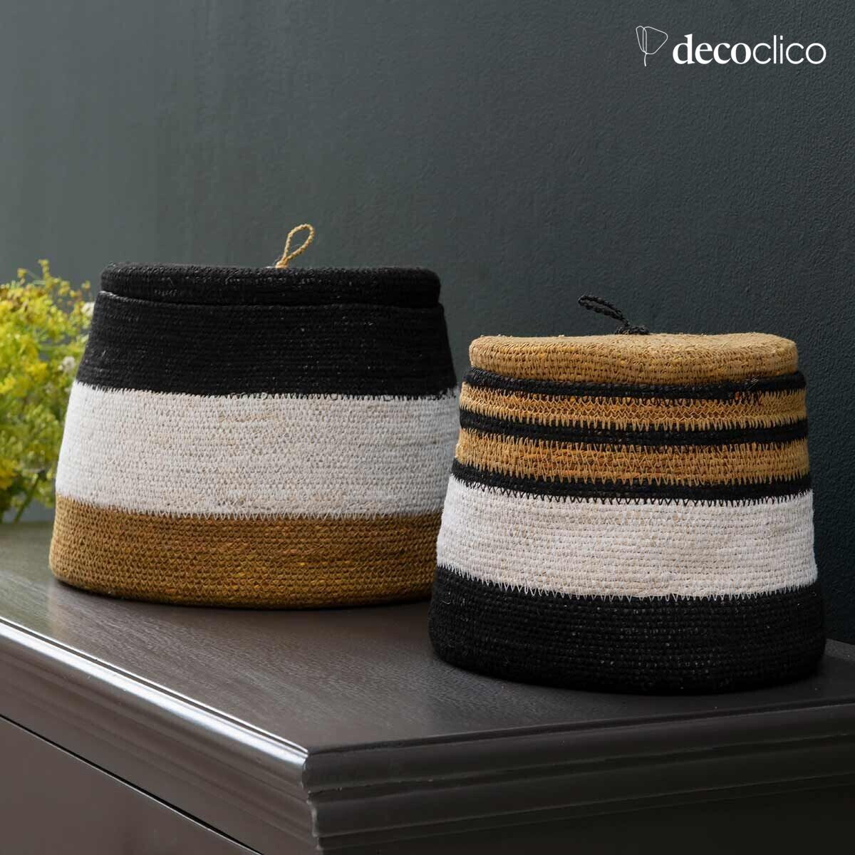 Set de 2 boîtes en jonc de mer à bandes blanches, moutarde et noir Bayadère Casa