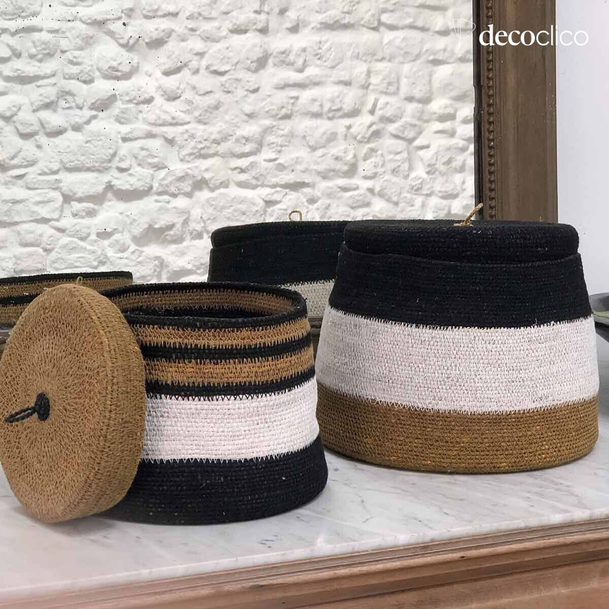Set de 2 boîtes en jonc de mer à bandes blanches, moutarde et noir Bayadère Casa