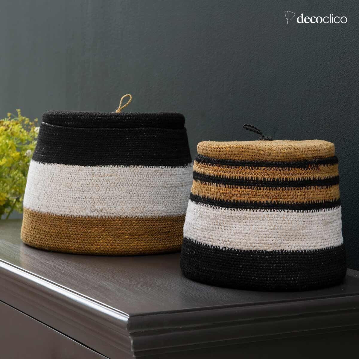 Set de 2 cajas de junco de mar con bandas blancas, mostaza y negro Bayadère Casa