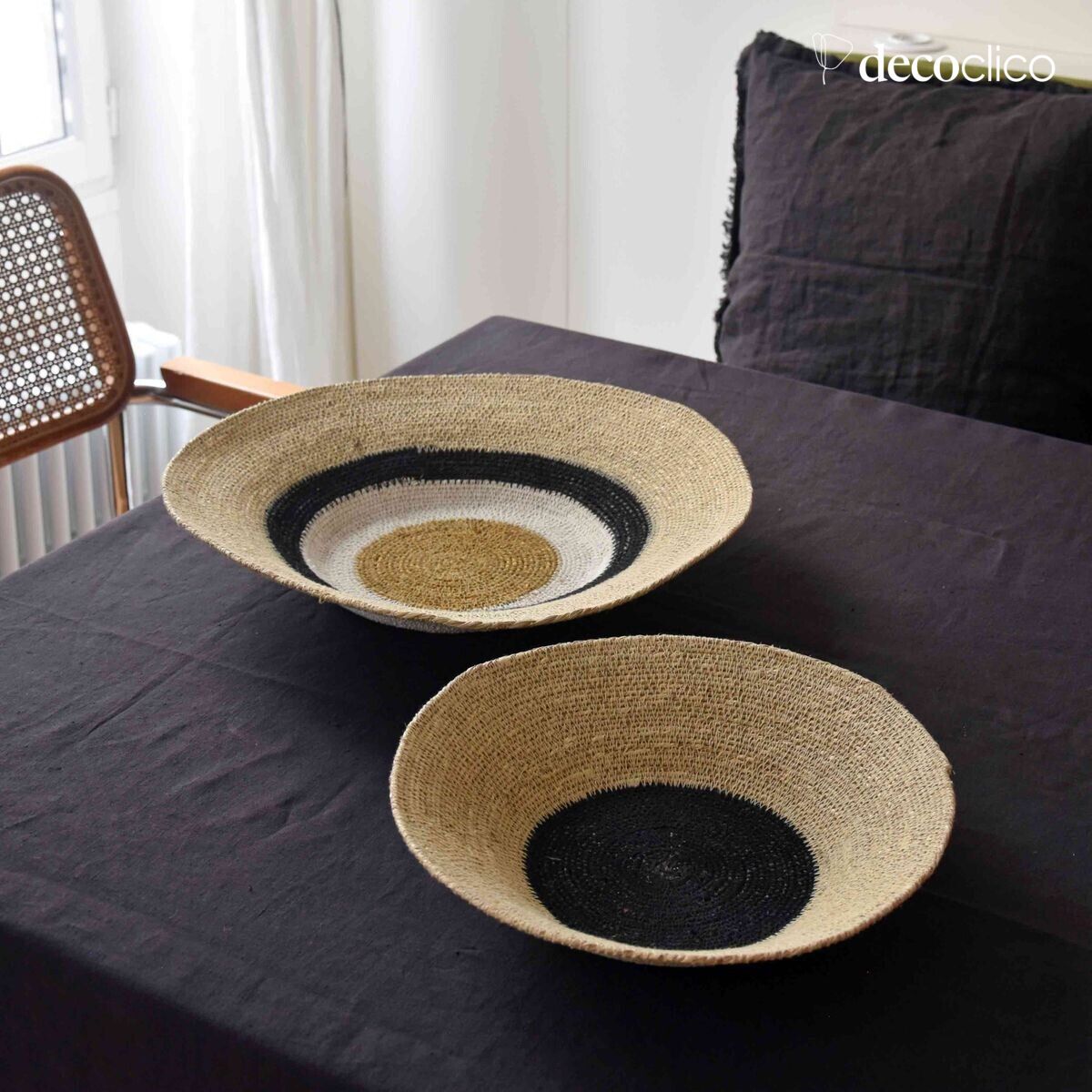 Set de 2 cestas de junco de mar con franjas de color mostaza y negro Bayadère Casatera