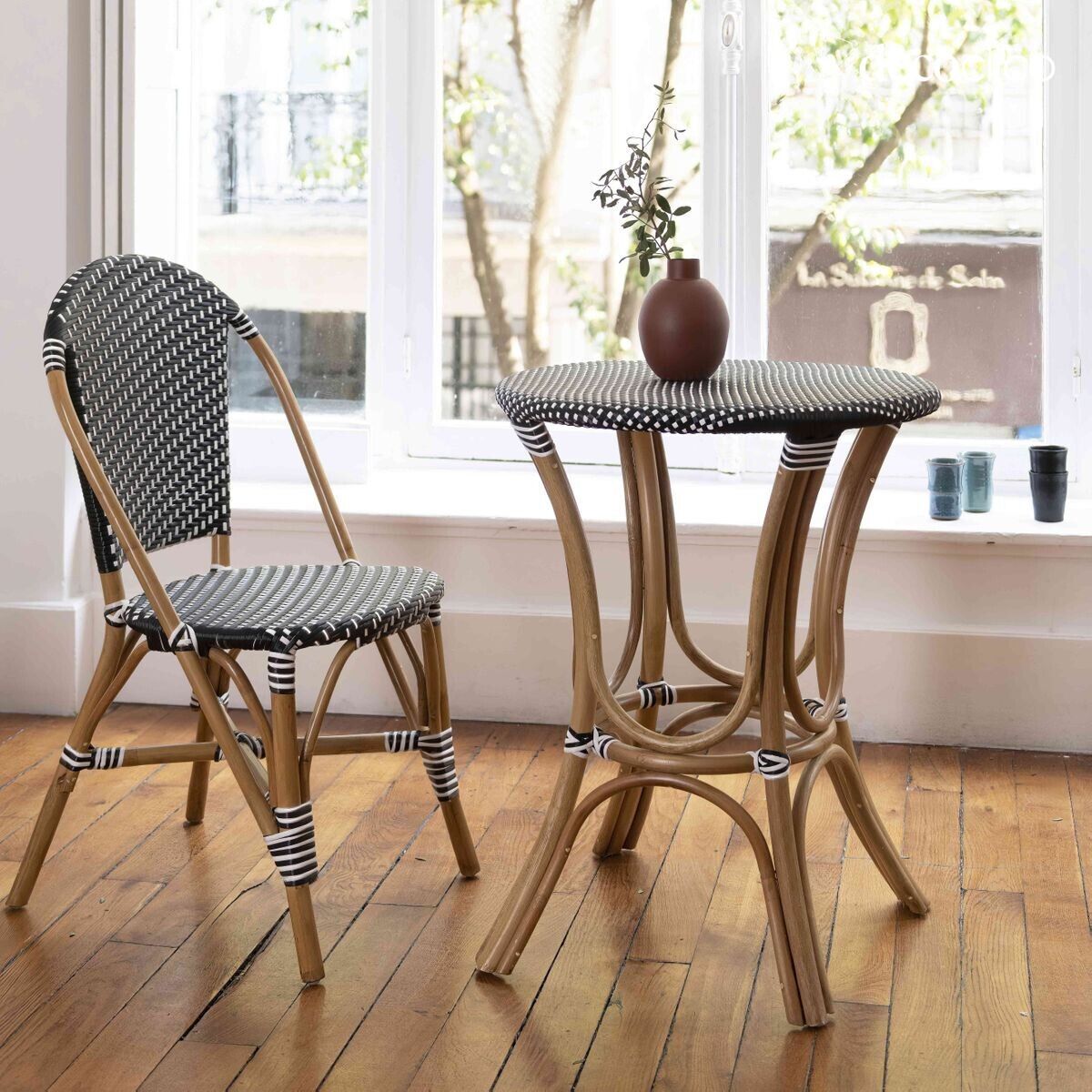 Set de 2 chaises bistro pieds en rotin et tressage noir et blanc Belleville
