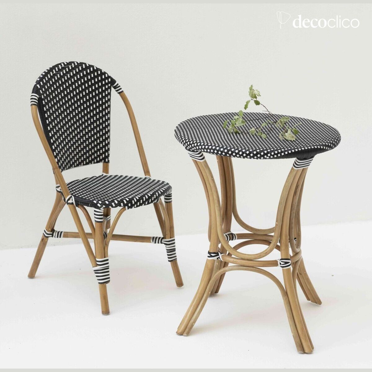 Set de 2 chaises bistro pieds en rotin et tressage noir et blanc Belleville