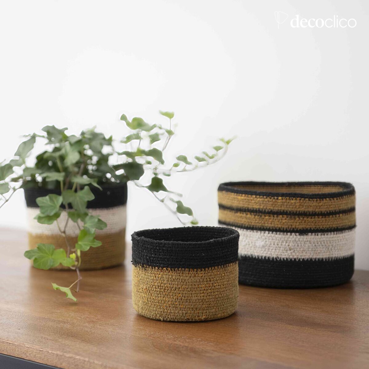 Set de 3 cajas de junco de mar con bandas blancas, mostaza y negro Bayadère Casa