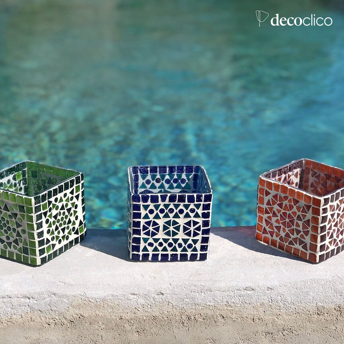 Set de 3 candelabros / portavelas cuadrados de mosaico de vidrio Bangalore