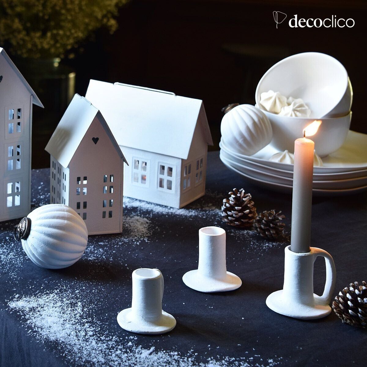 Set de 3 candelabros de terracota blanca mate Alma hechos a mano