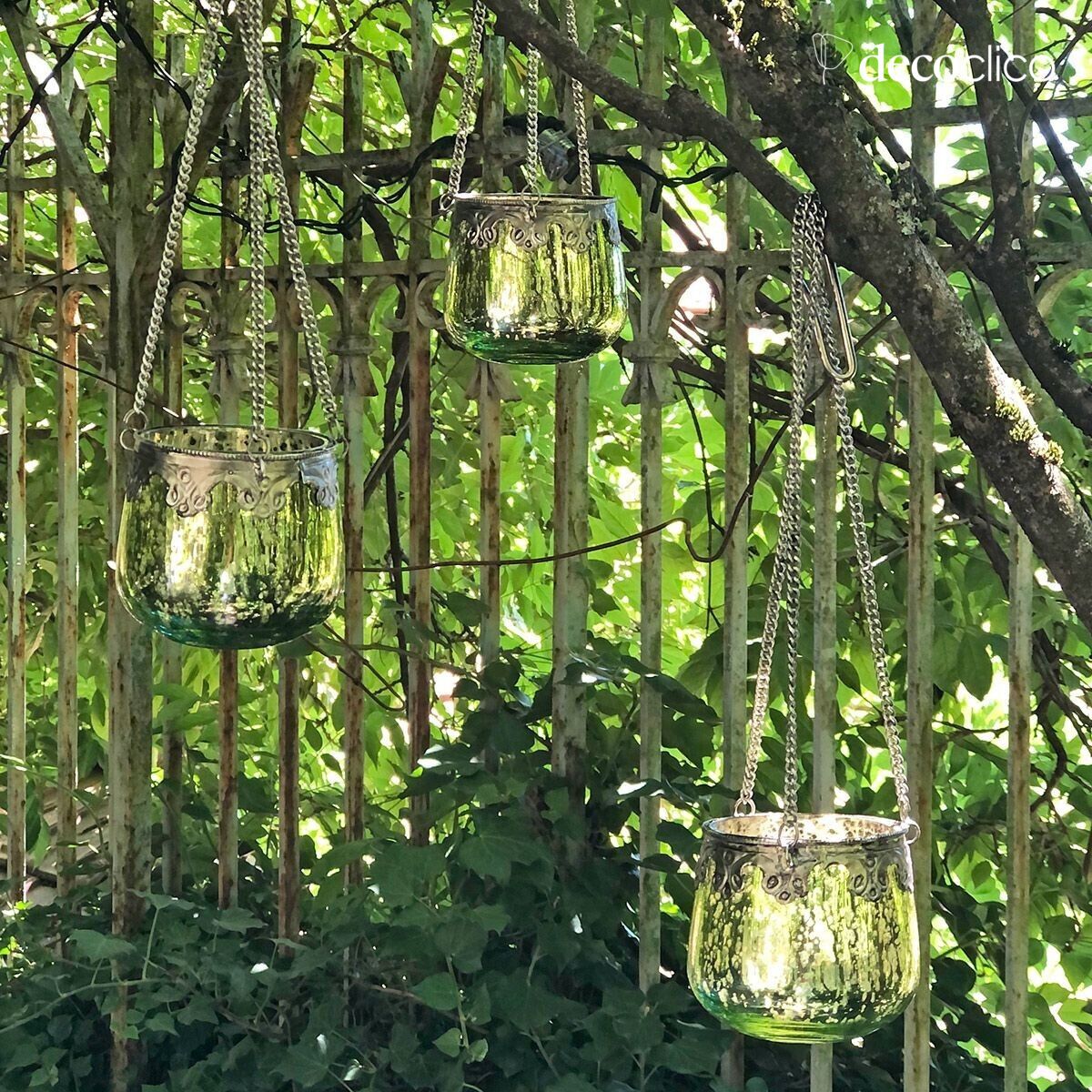 Set de 3 candelabros indios de vidrio con mercurio para colgar