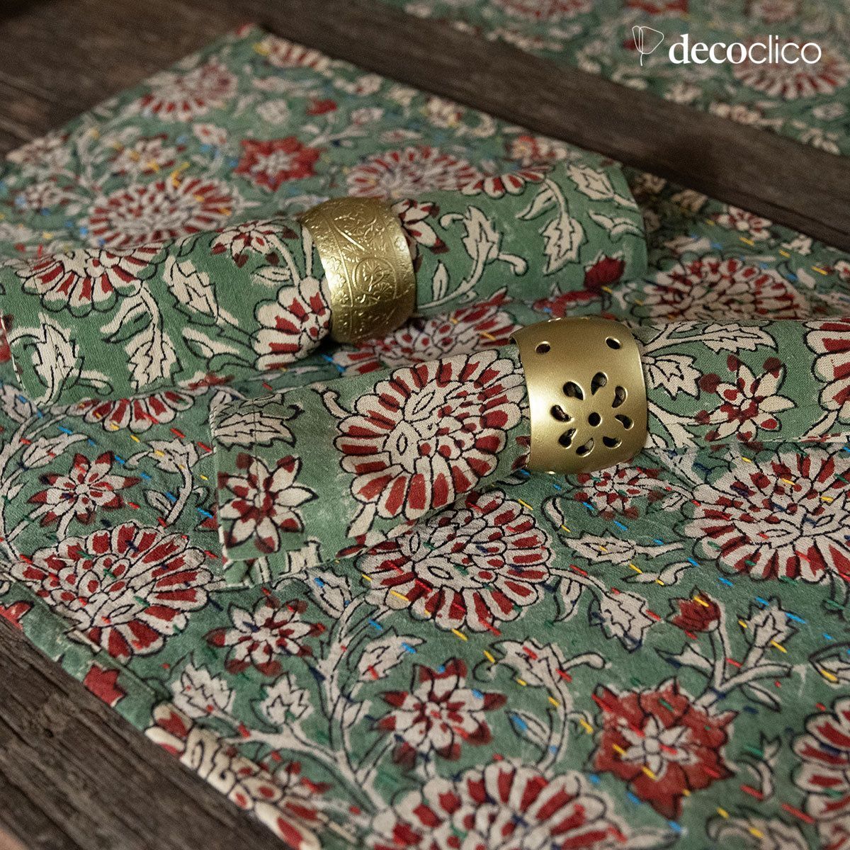 Set de 4 servilletas de algodón con estampado en bloque de color verde dominante Pamir