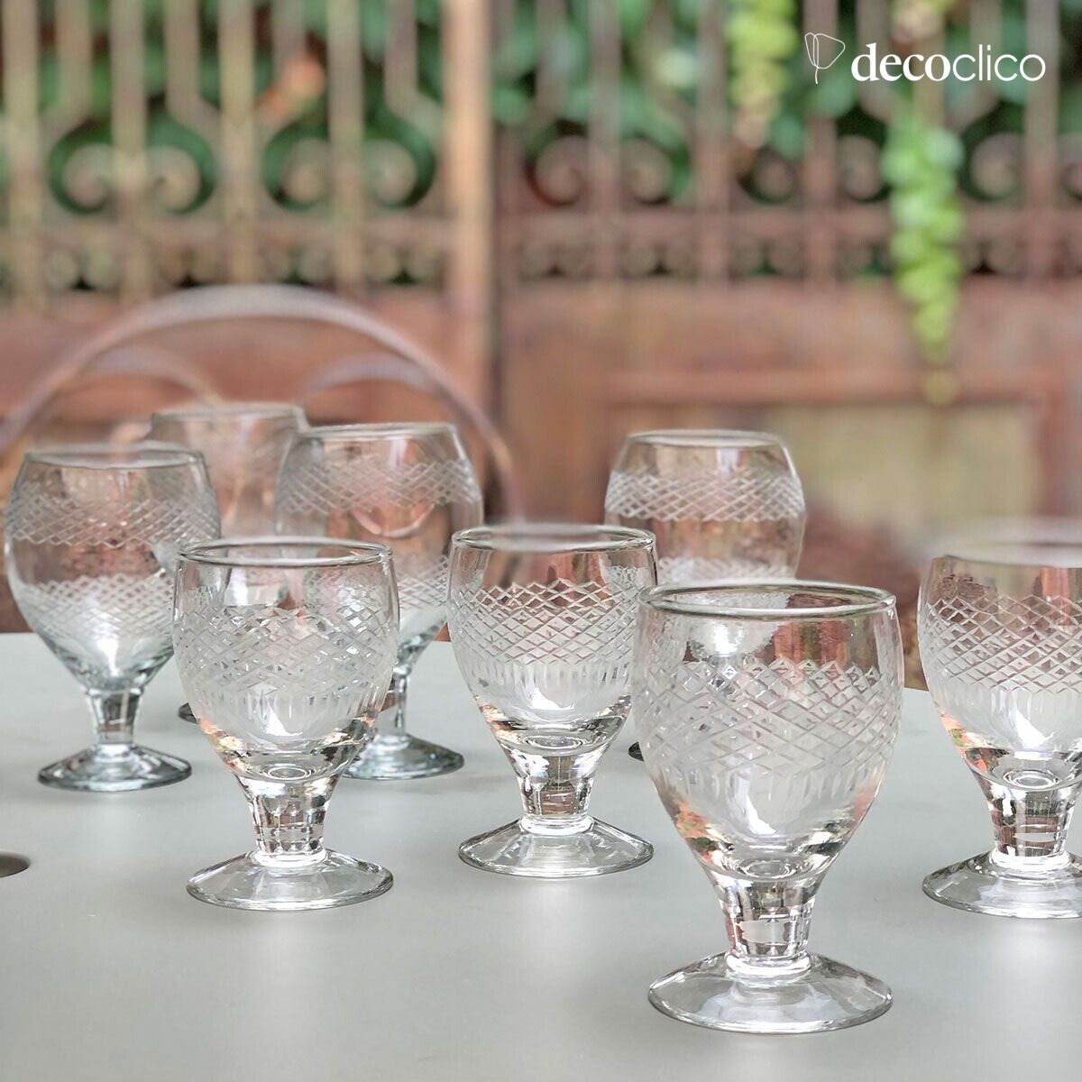 Set de 4 vasos de agua de vidrio grabado con balón