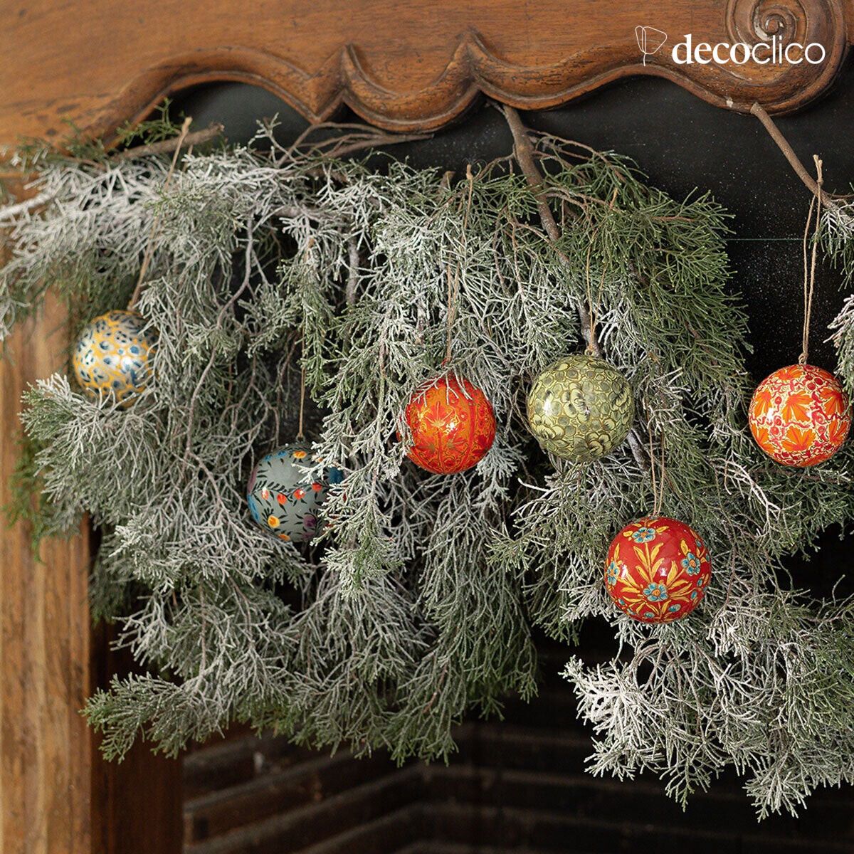 Set de 6 boules de Noël en papier mâché motif fleuri