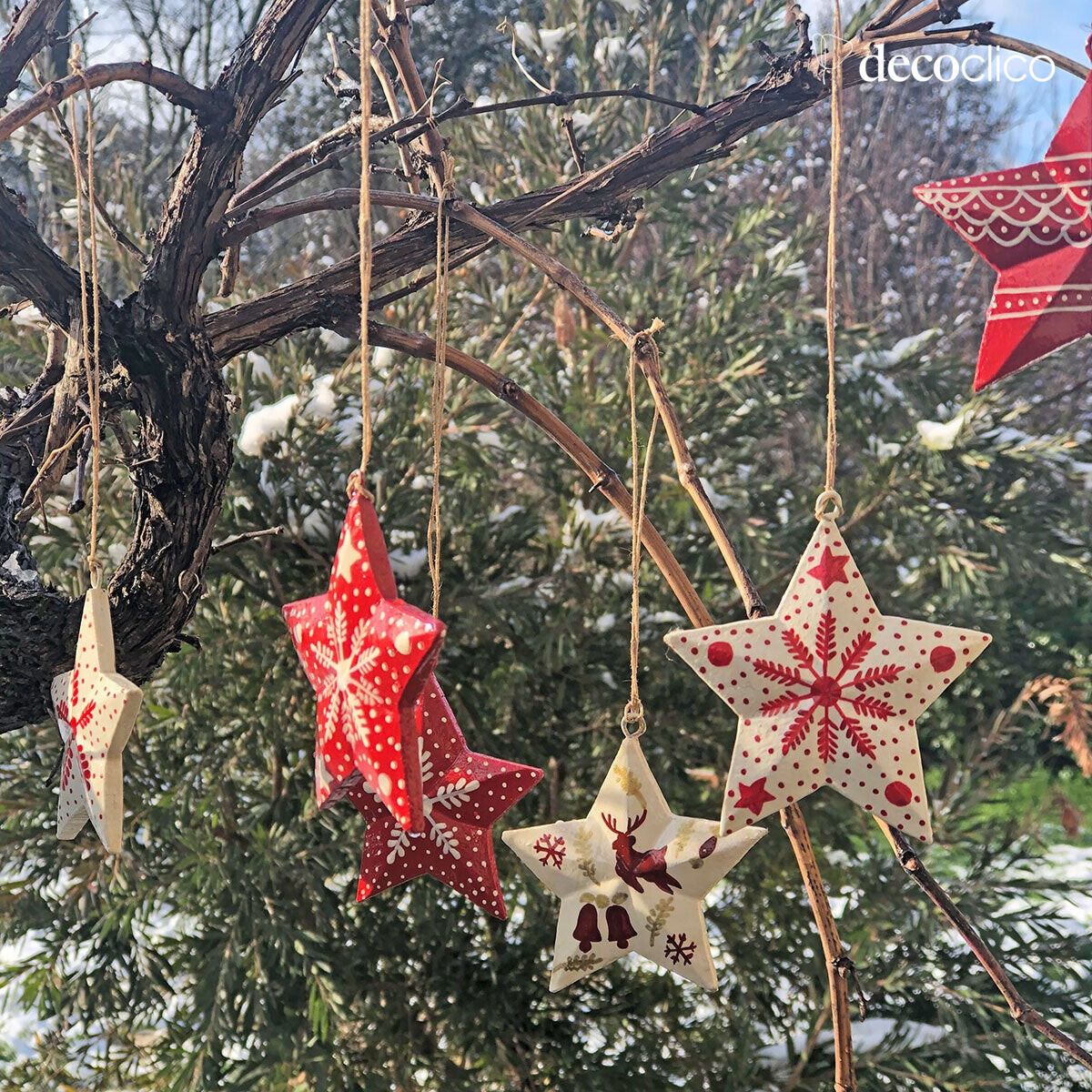 Set de 6 estrellas navideñas de papel maché para colgar motivo Flocon