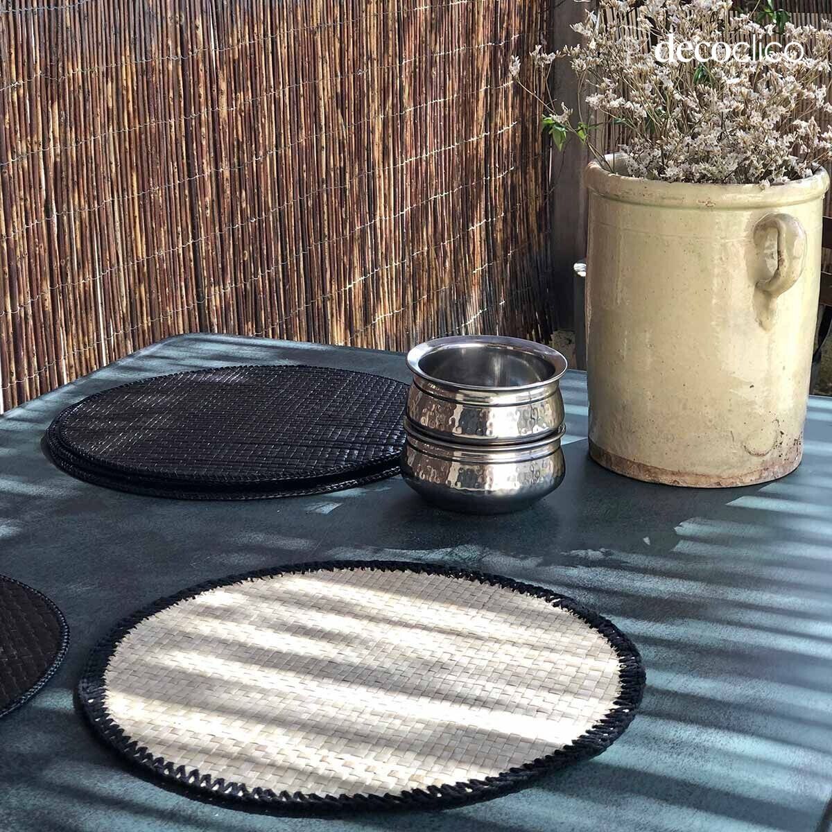 Set de table par 4 rond en pandan naturel surpiqûre noire Wayan Casatera