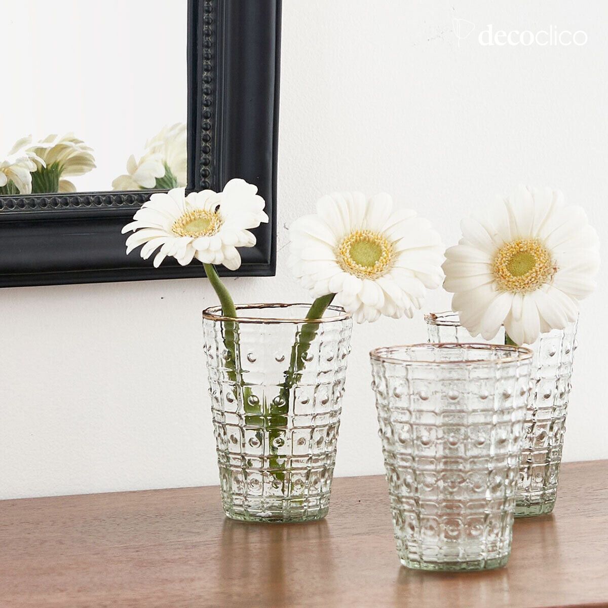 Set di 3 portacandele in vetro inciso e bordo dorato