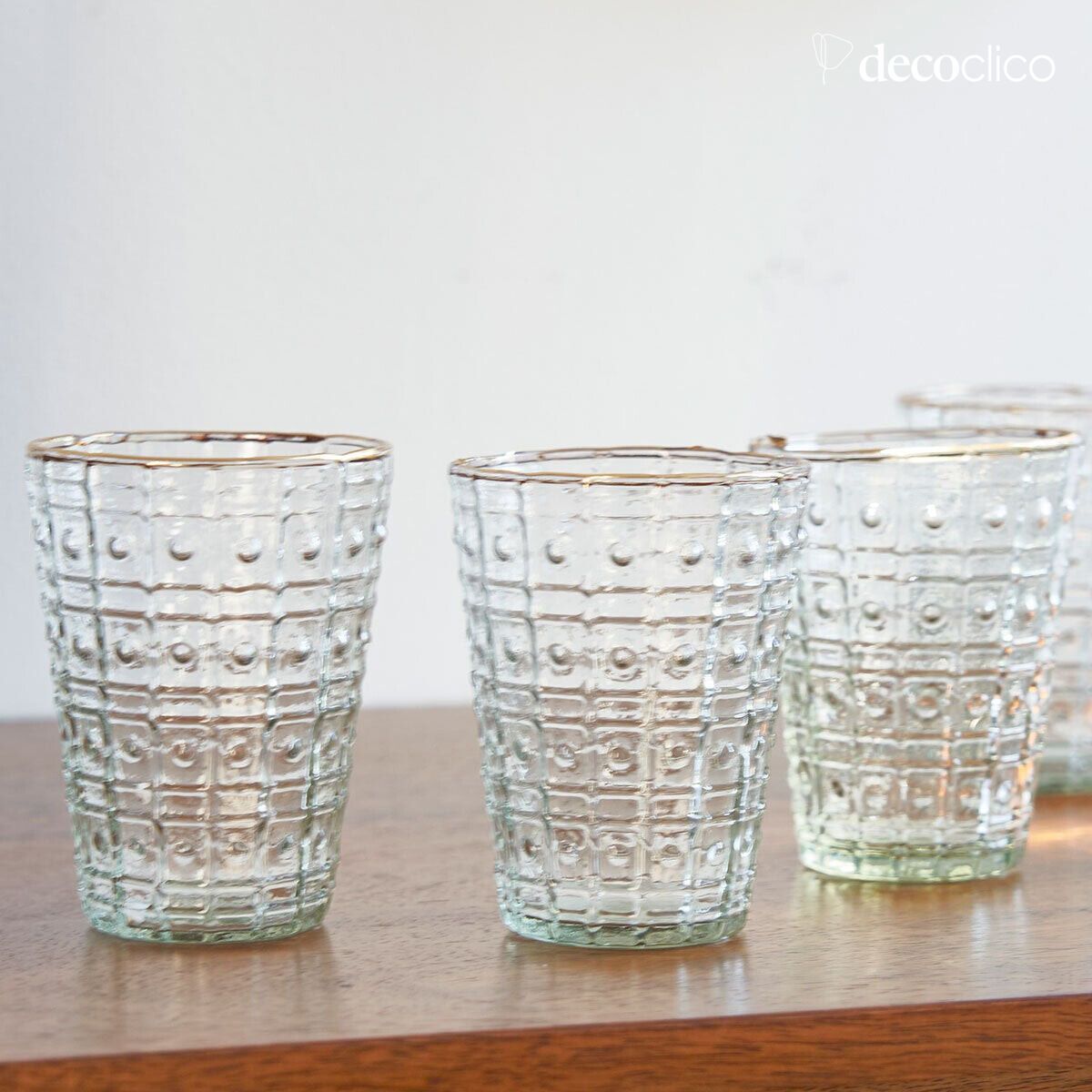 Set di 3 portacandele in vetro inciso e bordo dorato