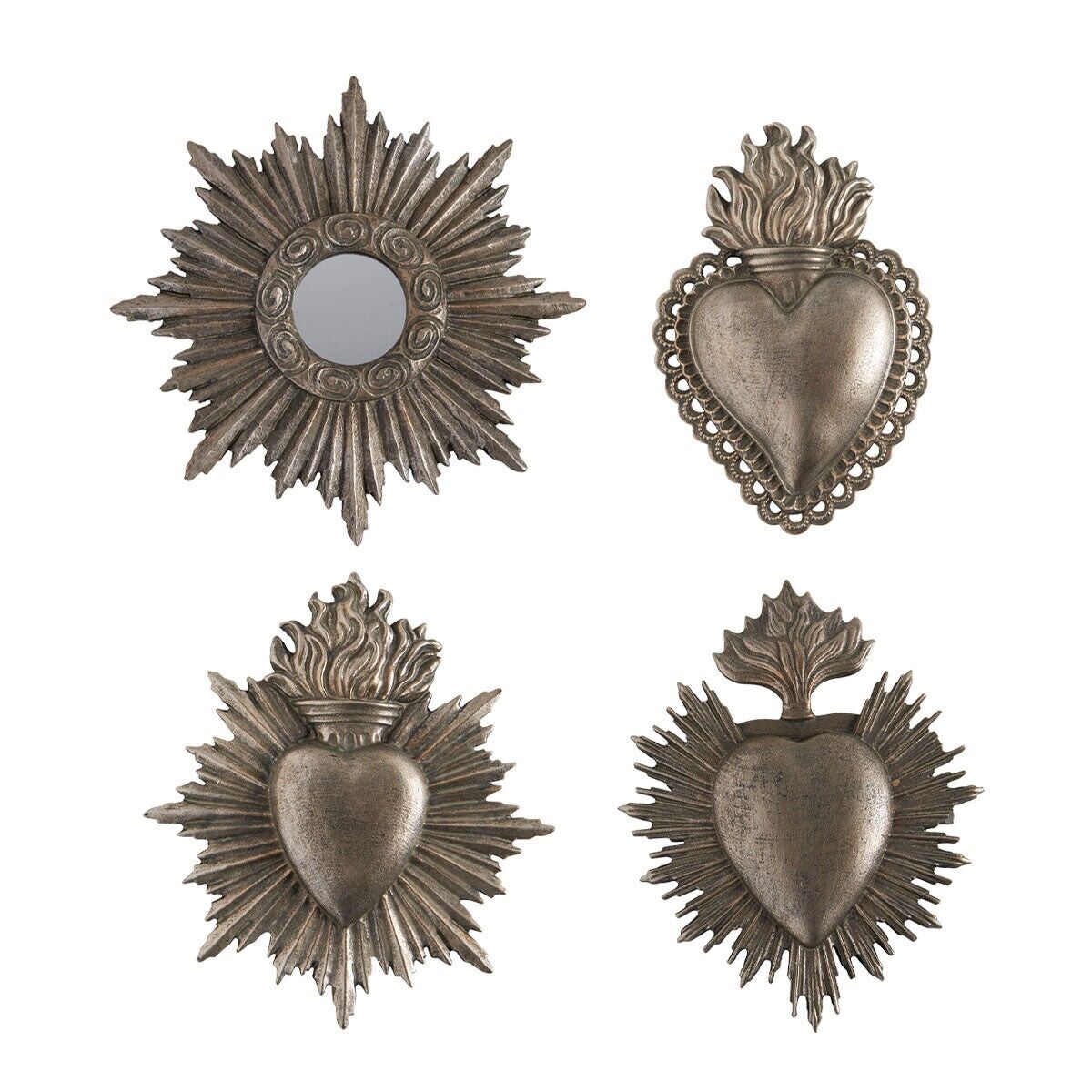 Set di 4 decorazioni murali Ex Voto e specchio barocco argento Manderley