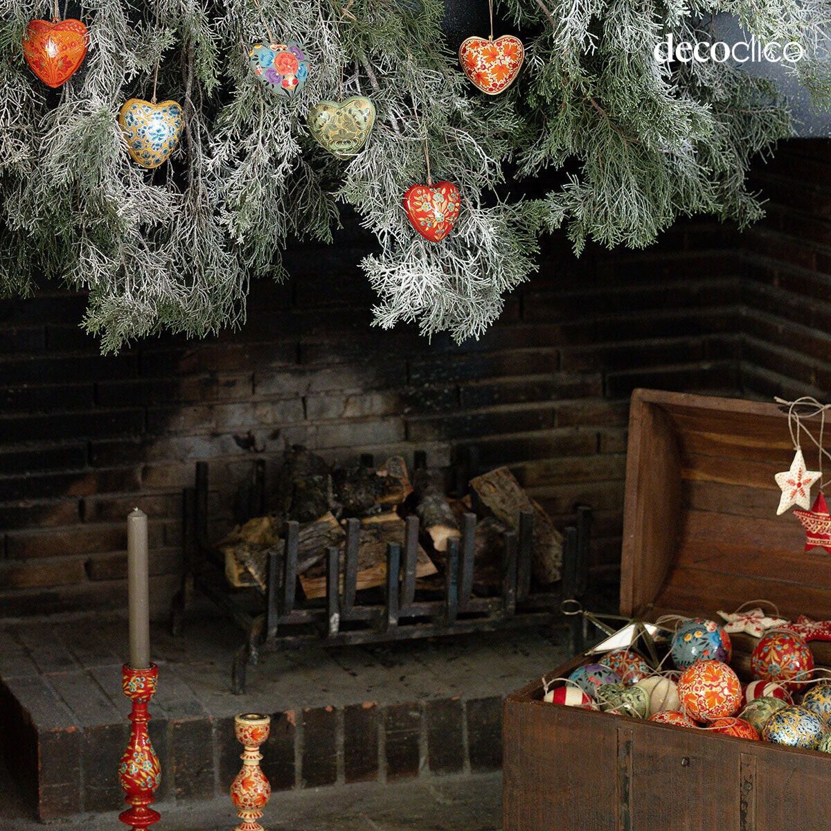 Set di 6 cuori di Natale in cartapesta da appendere con motivo floreale