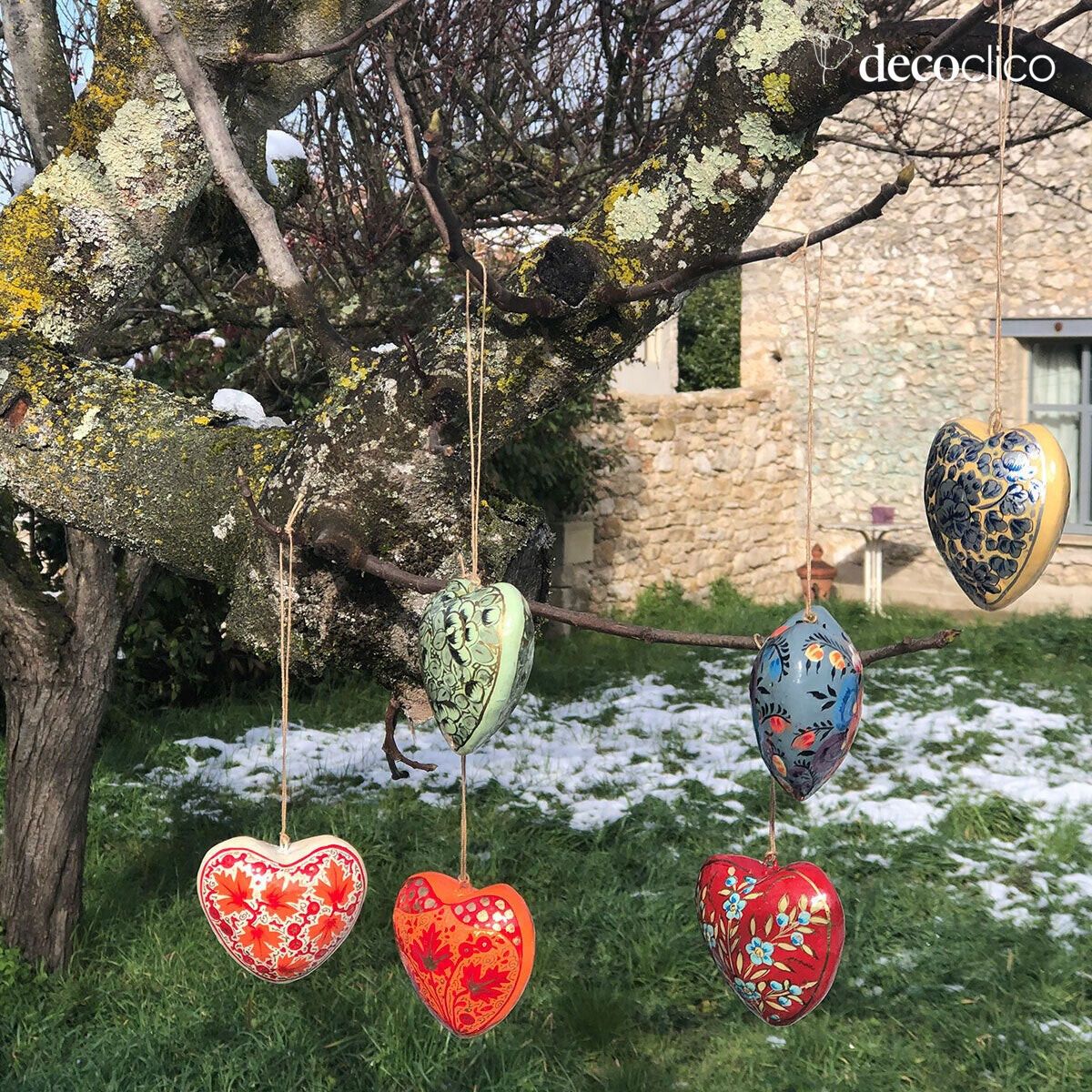 Set di 6 cuori di Natale in cartapesta da appendere con motivo floreale