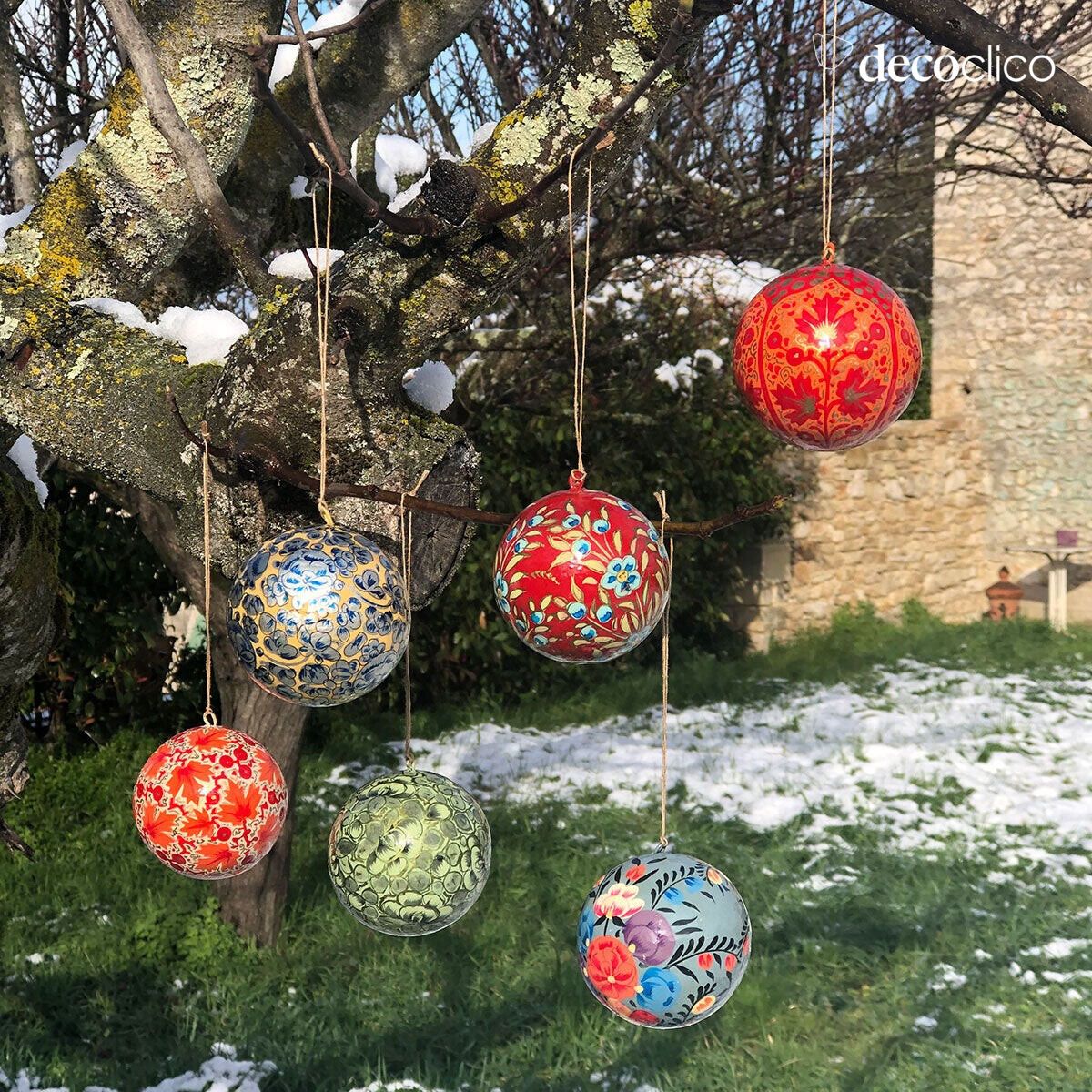 Set di 6 palle di Natale in cartapesta con motivo floreale