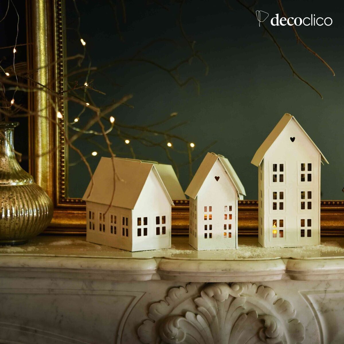 Set mit 3 Windlichtern aus mattweißem Metall