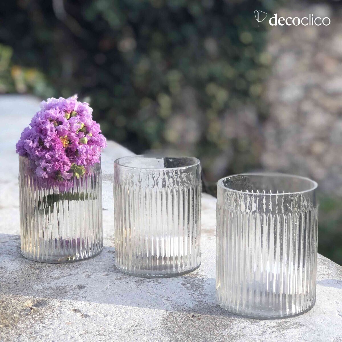 Set mit 3 Windlichtern aus transparentem, geriffeltem Glas