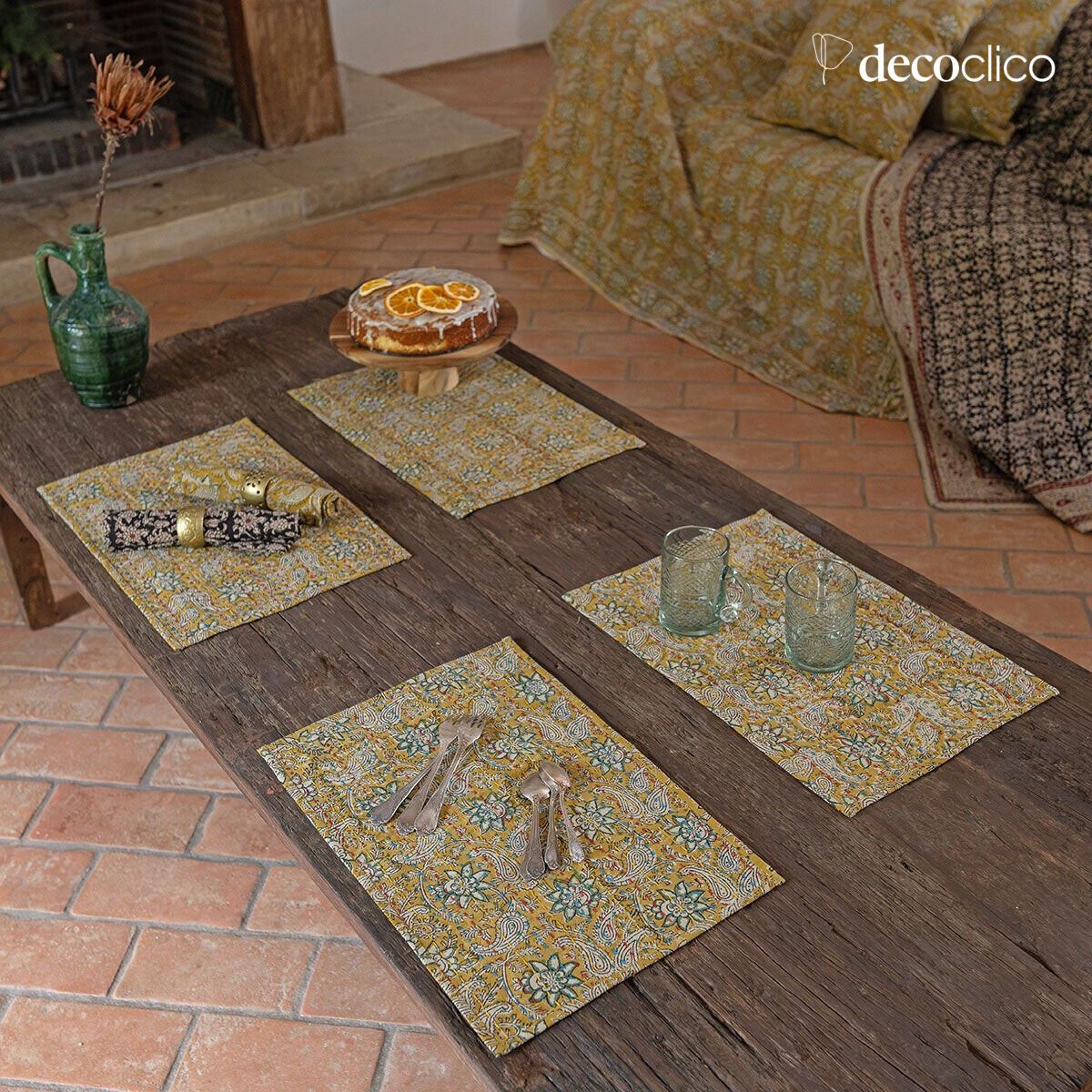 Set mit 4 Tischsets aus gestepptem Baumwoll-Blockprint mit gelber Dominante Pamir