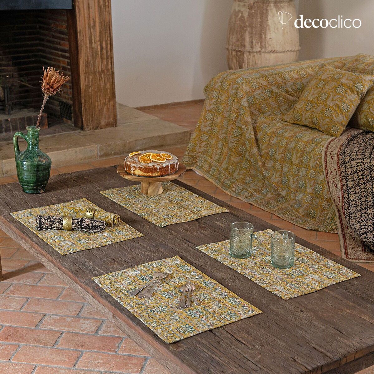 Set mit 4 Tischsets aus gestepptem Baumwoll-Blockprint mit gelber Dominante Pamir