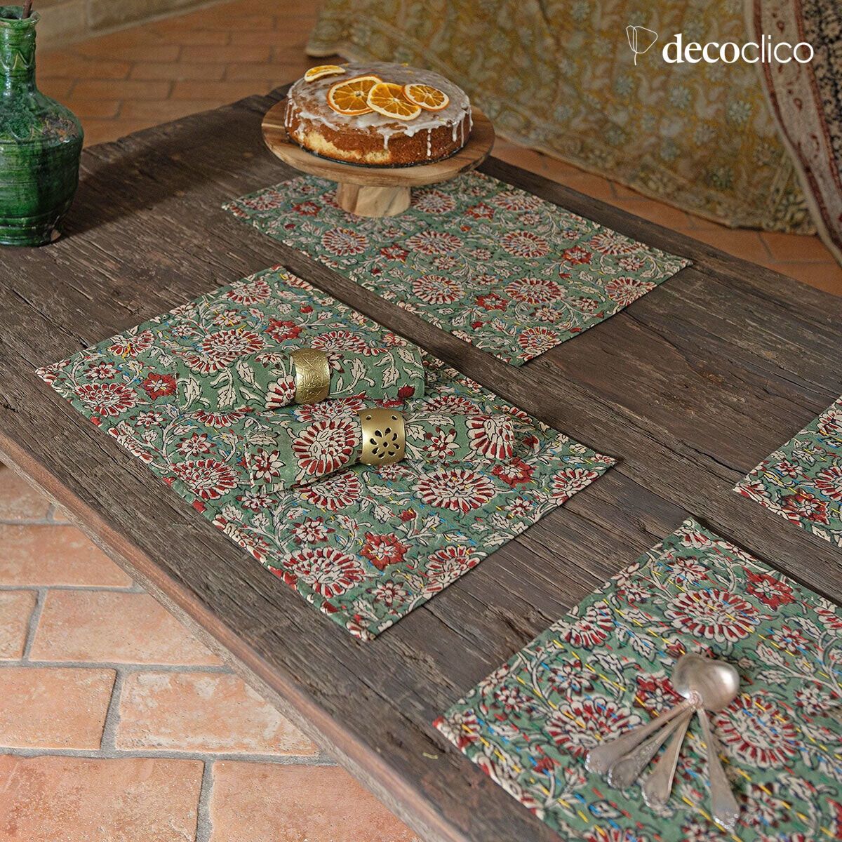 Set mit 4 Tischsets aus gestepptem Baumwoll-Blockprint mit grüner Dominante Pamir