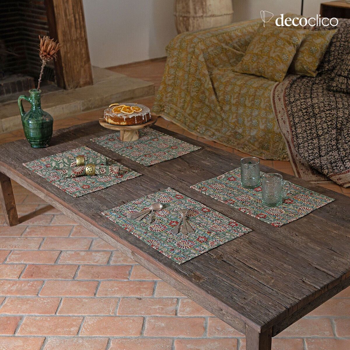 Set mit 4 Tischsets aus gestepptem Baumwoll-Blockprint mit grüner Dominante Pamir