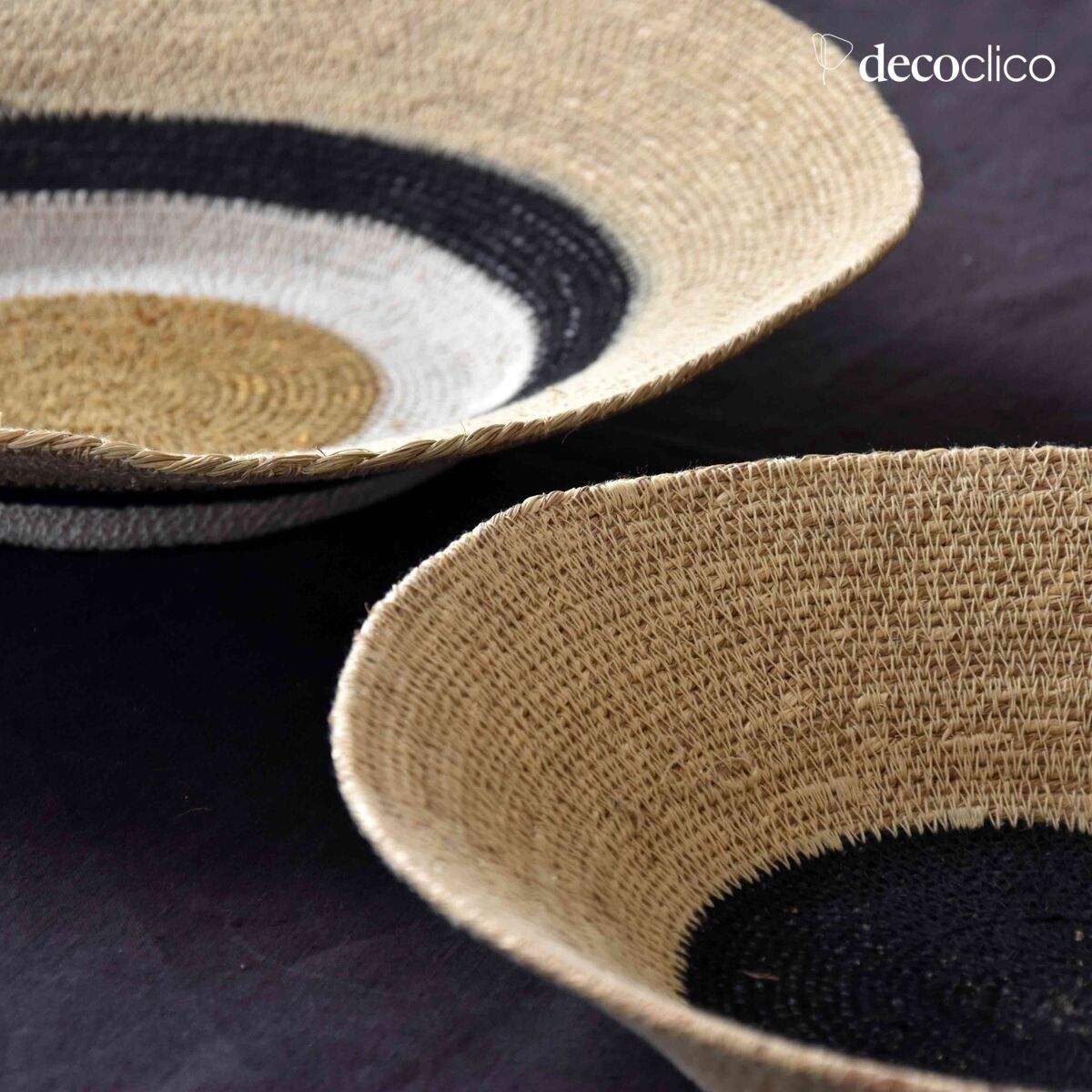 Set of 2 sea-grass baskets with mustard and black stripes Bayadère Casatera