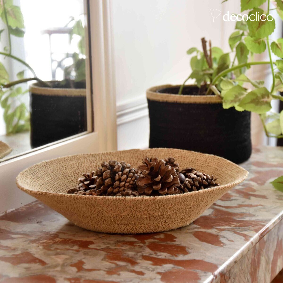 Set of 2 sea-grass baskets with mustard and black stripes Bayadère Casatera