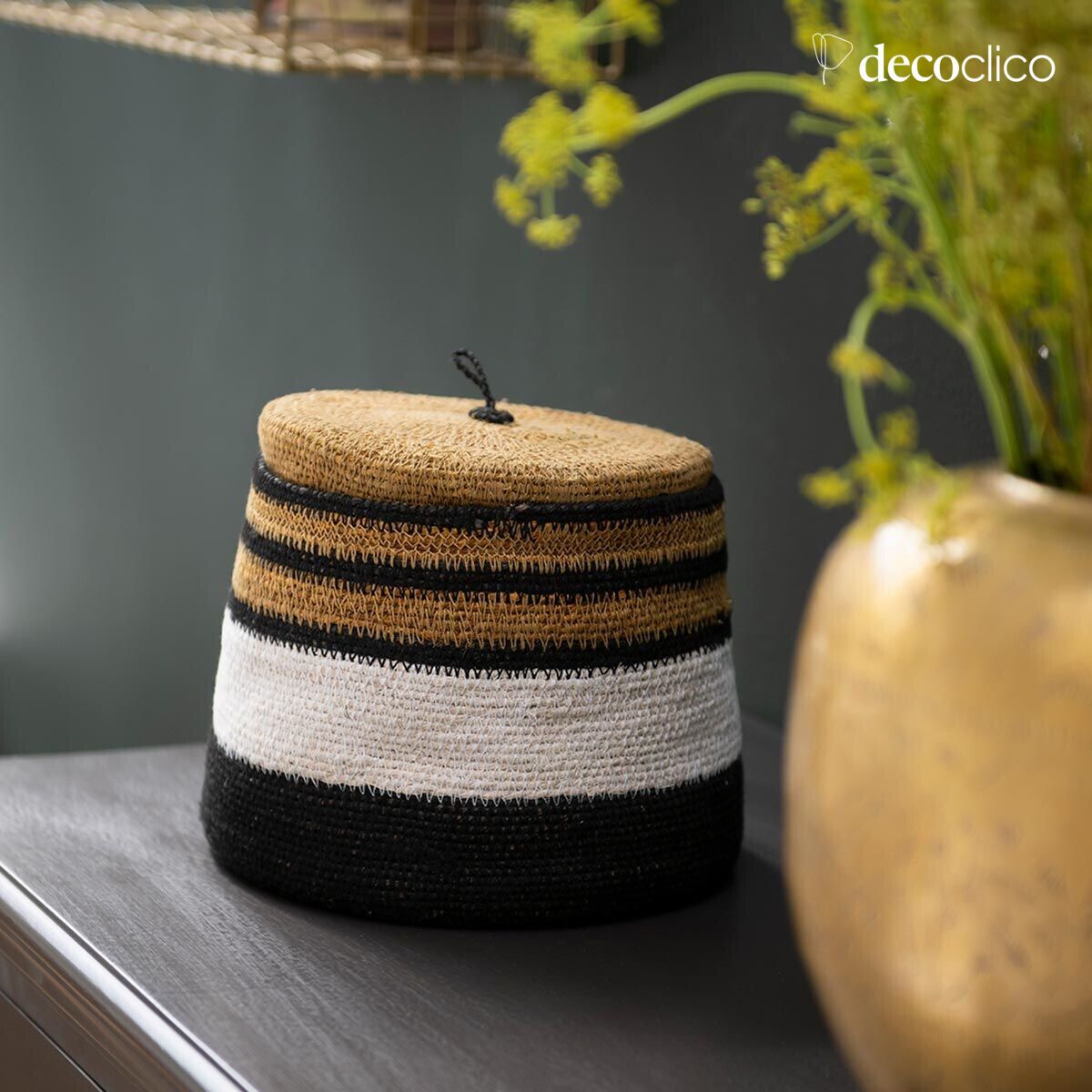 Set of 2 sea-grass boxes with white, mustard and black stripes Bayadère Casa