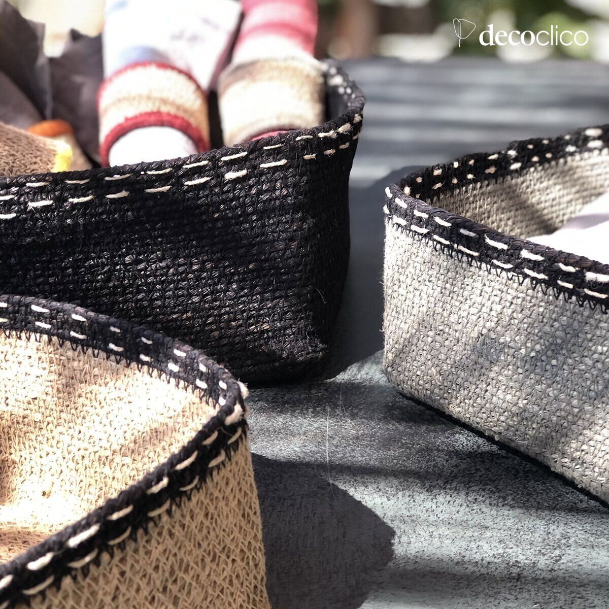 Set of 3 black, blue and white seagrass baskets with black edging Bayadère