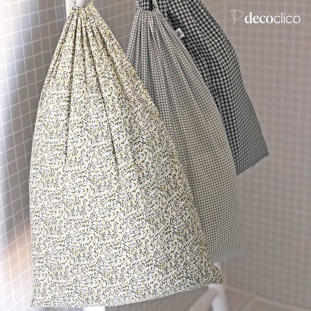 Set of 3 cotton laundry bags, white with floral print, checked, gingham Romy 36