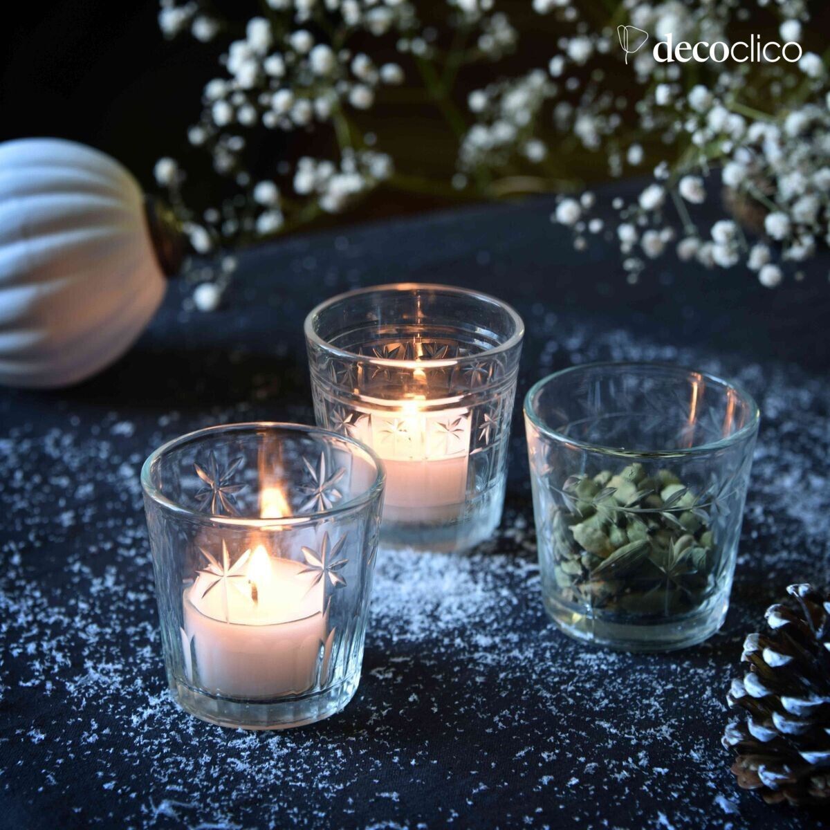 Set of 3 transparent engraved glass candle holders Castille