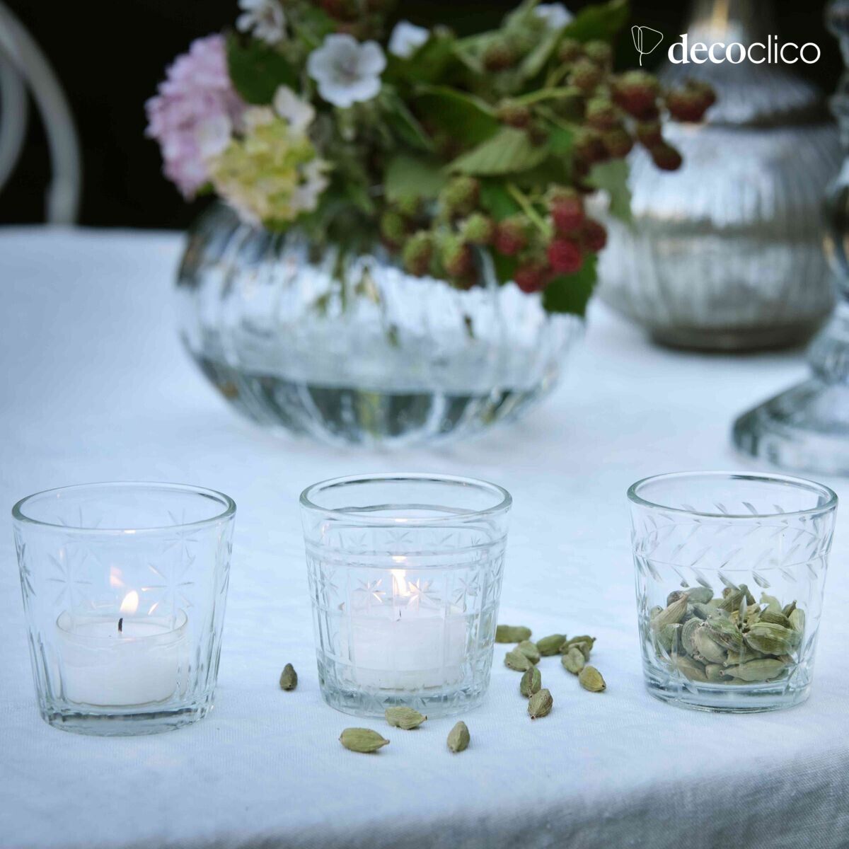 Set of 3 transparent engraved glass candle holders Castille