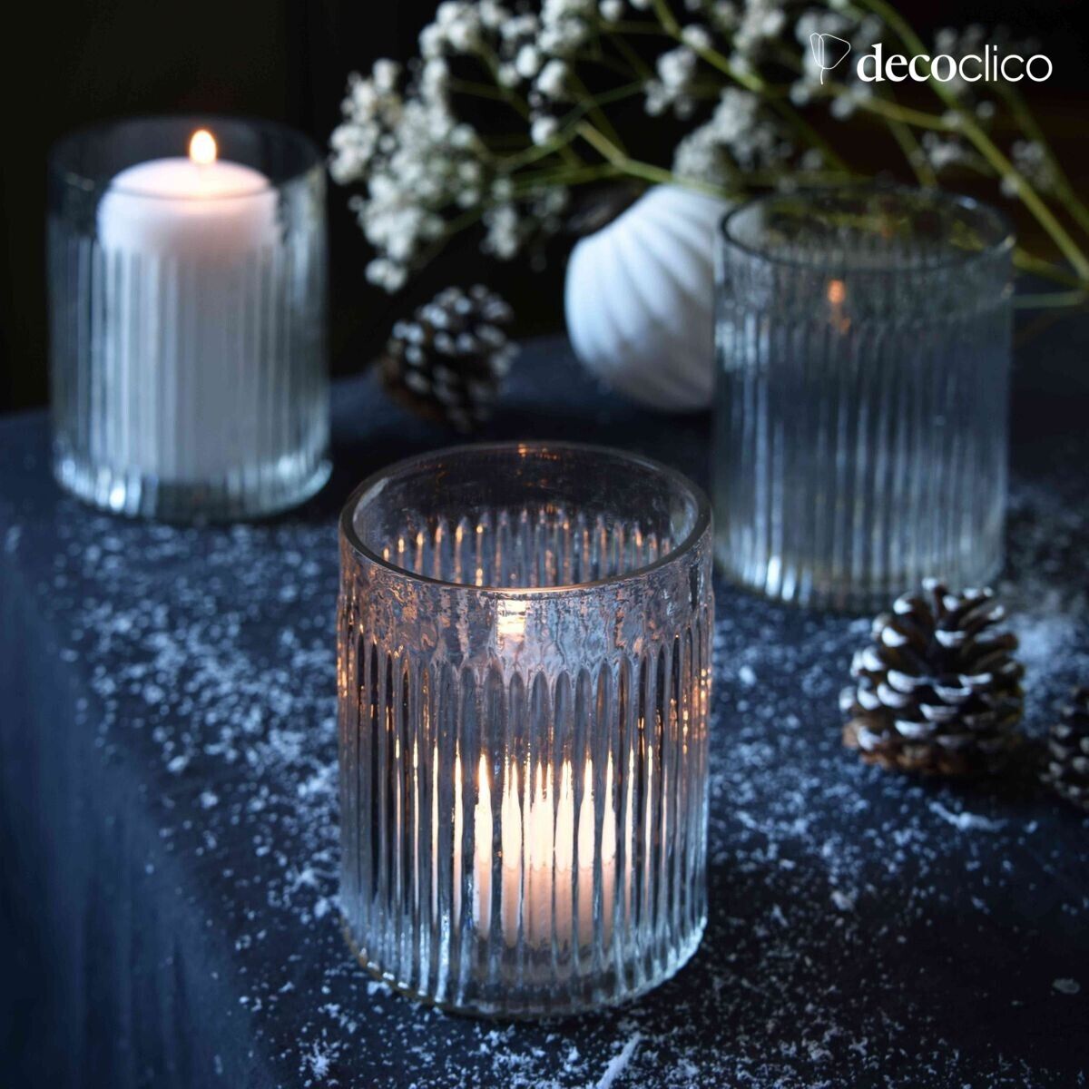 Set of 3 transparent striated glass candle holders