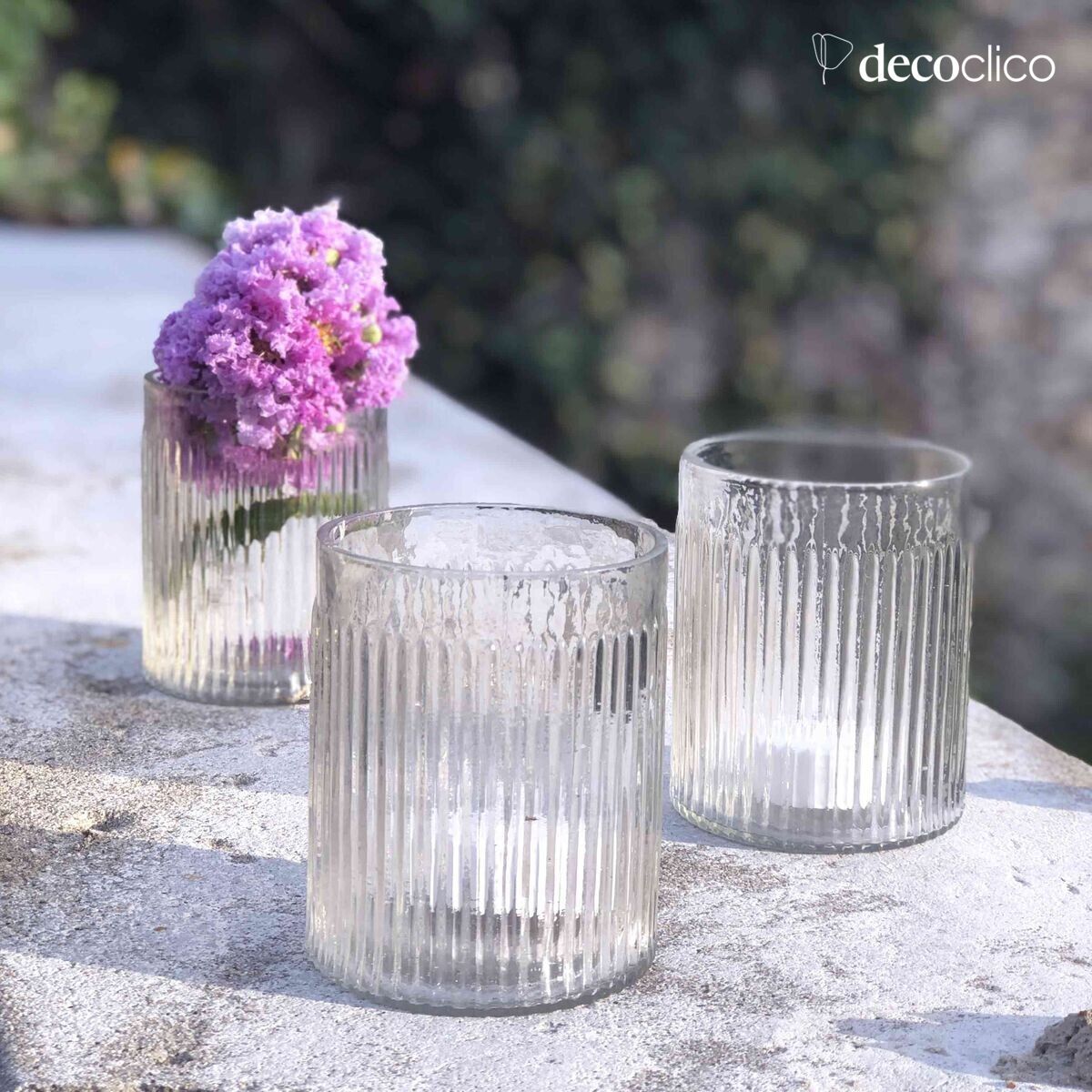 Set of 3 transparent striated glass candle holders