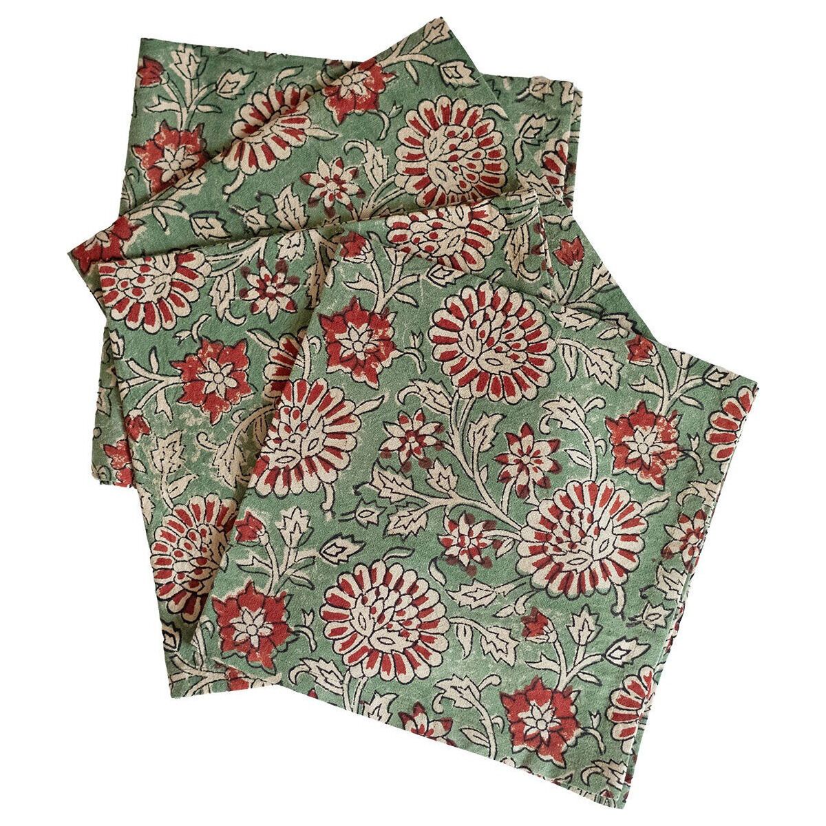 Set of 4 cotton napkins, block print, predominantly green Pamir