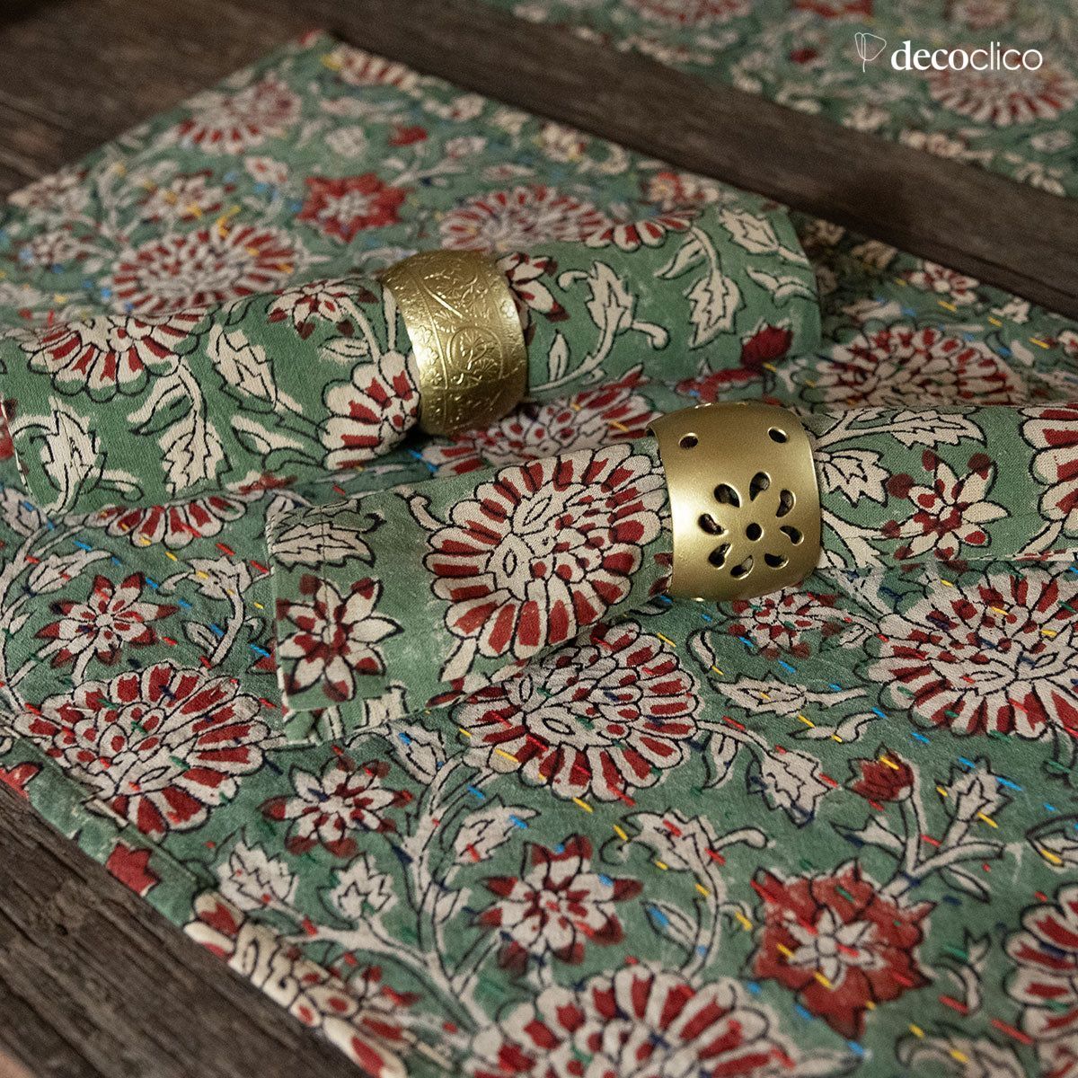 Set of 4 cotton napkins, block print, predominantly green Pamir