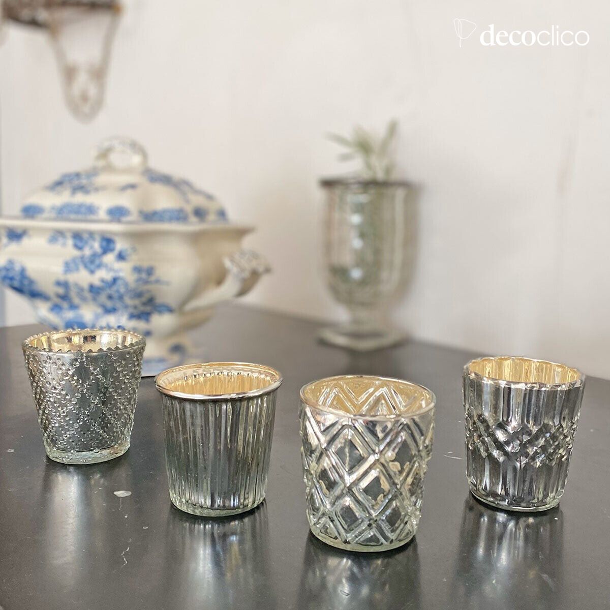 Set of 4 mercury glass candle holders