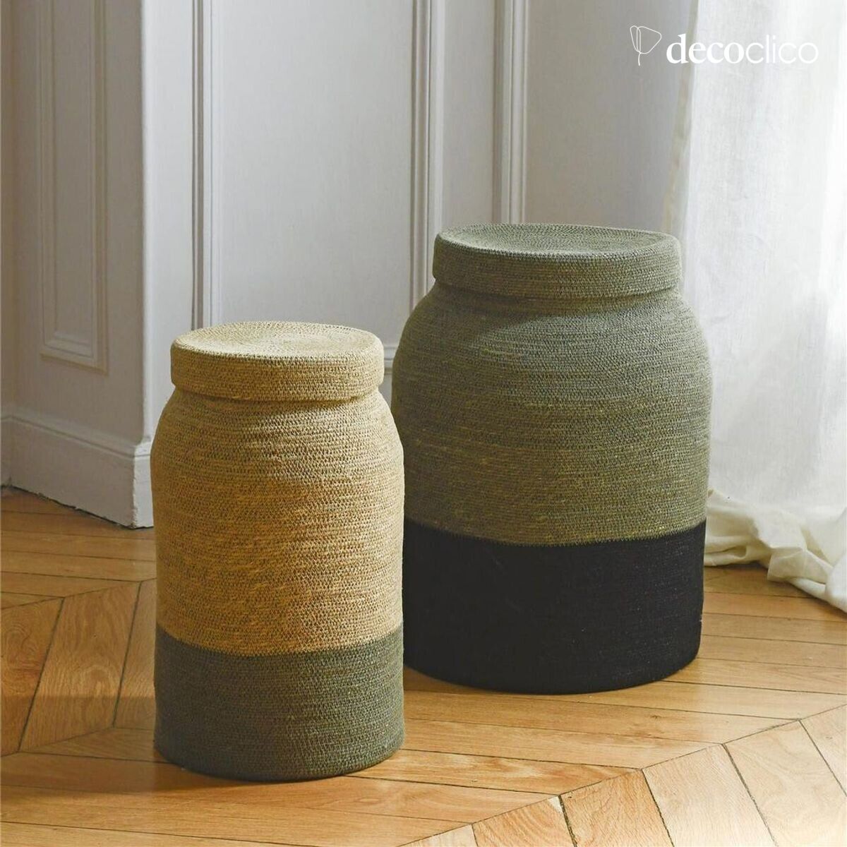 Set van 2 manden met deksels in limewood sea rush, naturel en zwart Bayadère