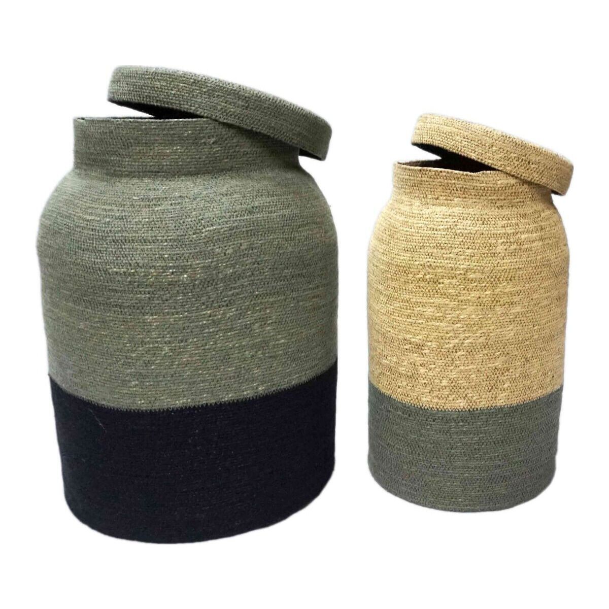 Set van 2 manden met deksels in limewood sea rush, naturel en zwart Bayadère
