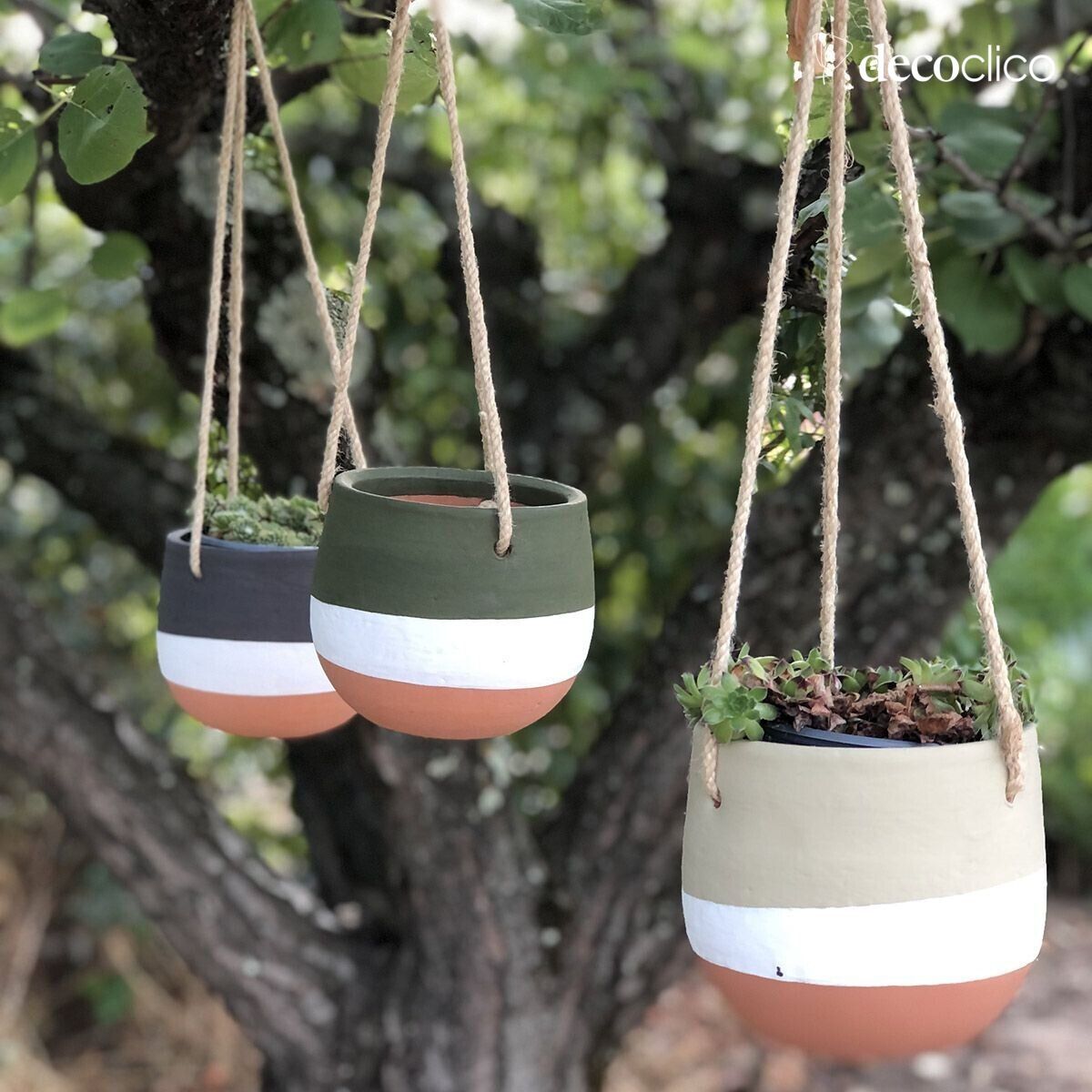 Set van 3 beschilderde terracotta hangende bloempotten Lima