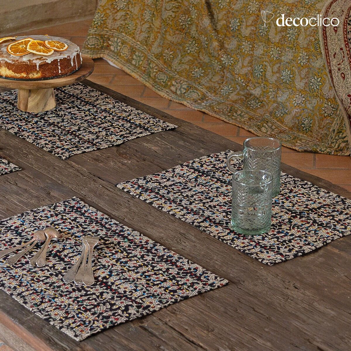 Set van 4 doorgestikte katoenen placemats met blokprint, houtskool overheersend Pamir