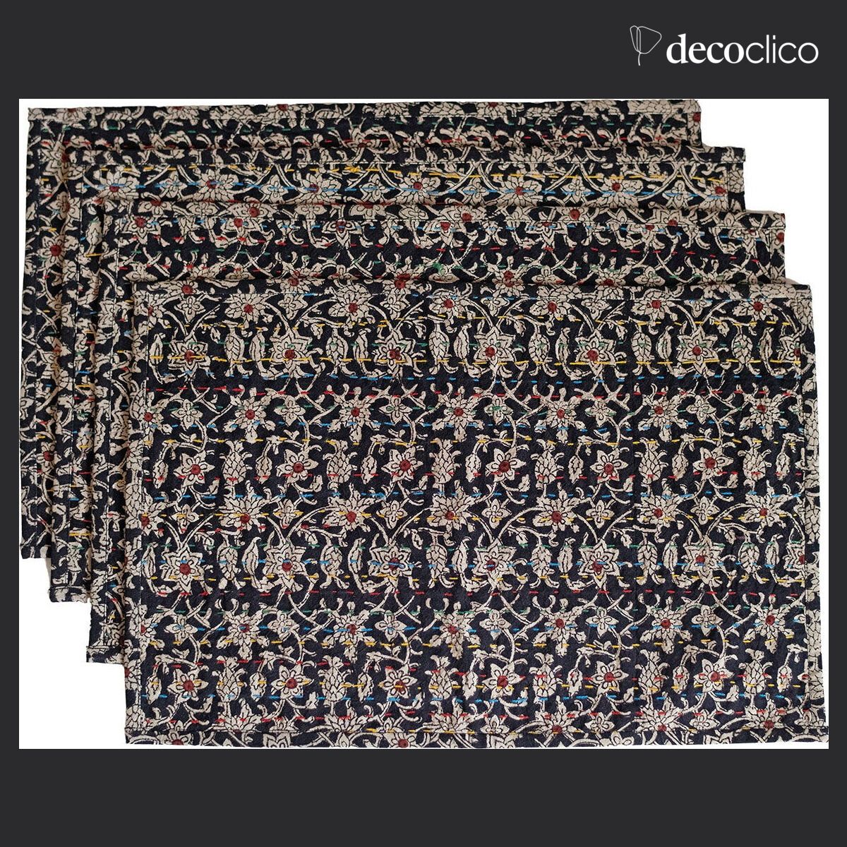 Set van 4 doorgestikte katoenen placemats met blokprint, houtskool overheersend Pamir