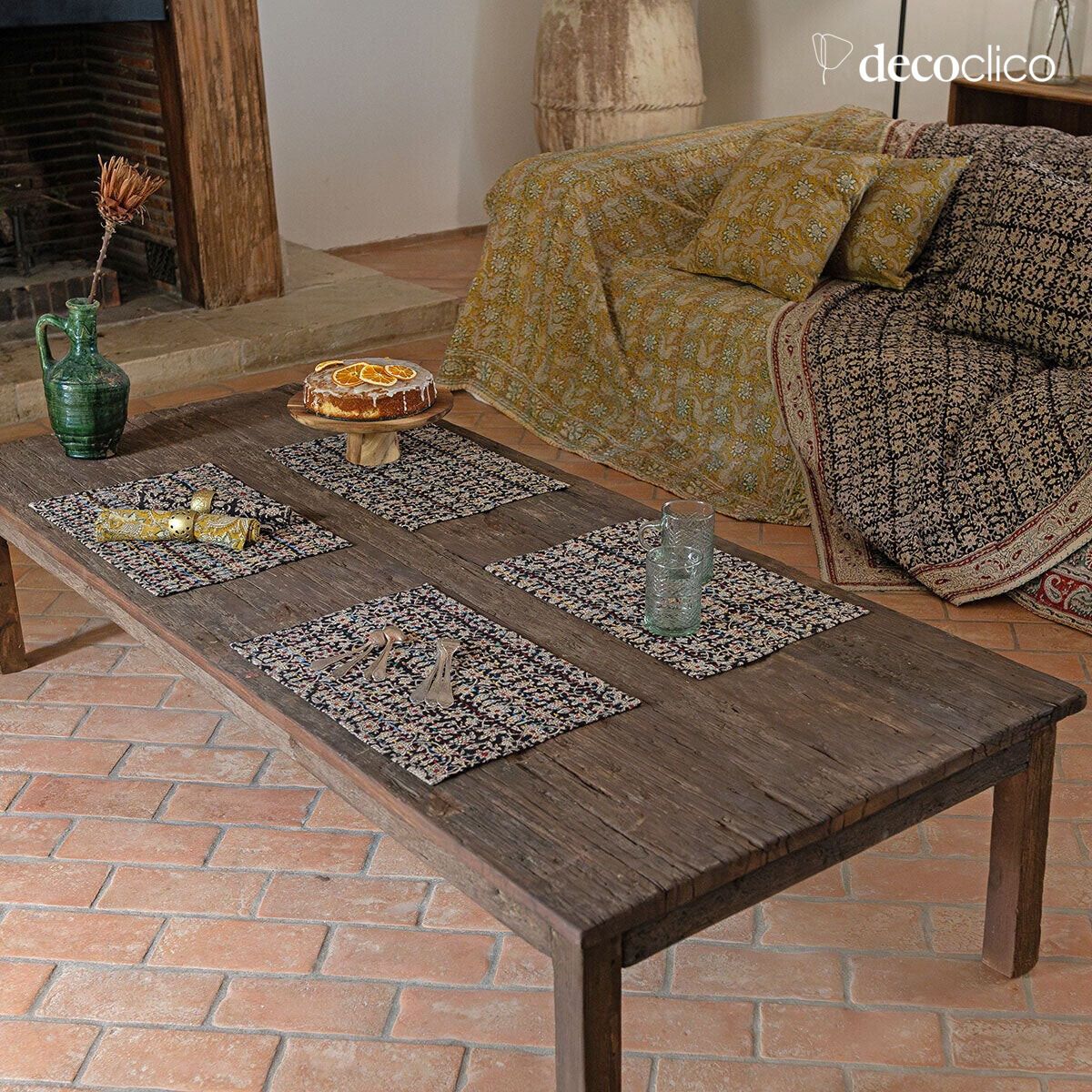 Set van 4 doorgestikte katoenen placemats met blokprint, houtskool overheersend Pamir